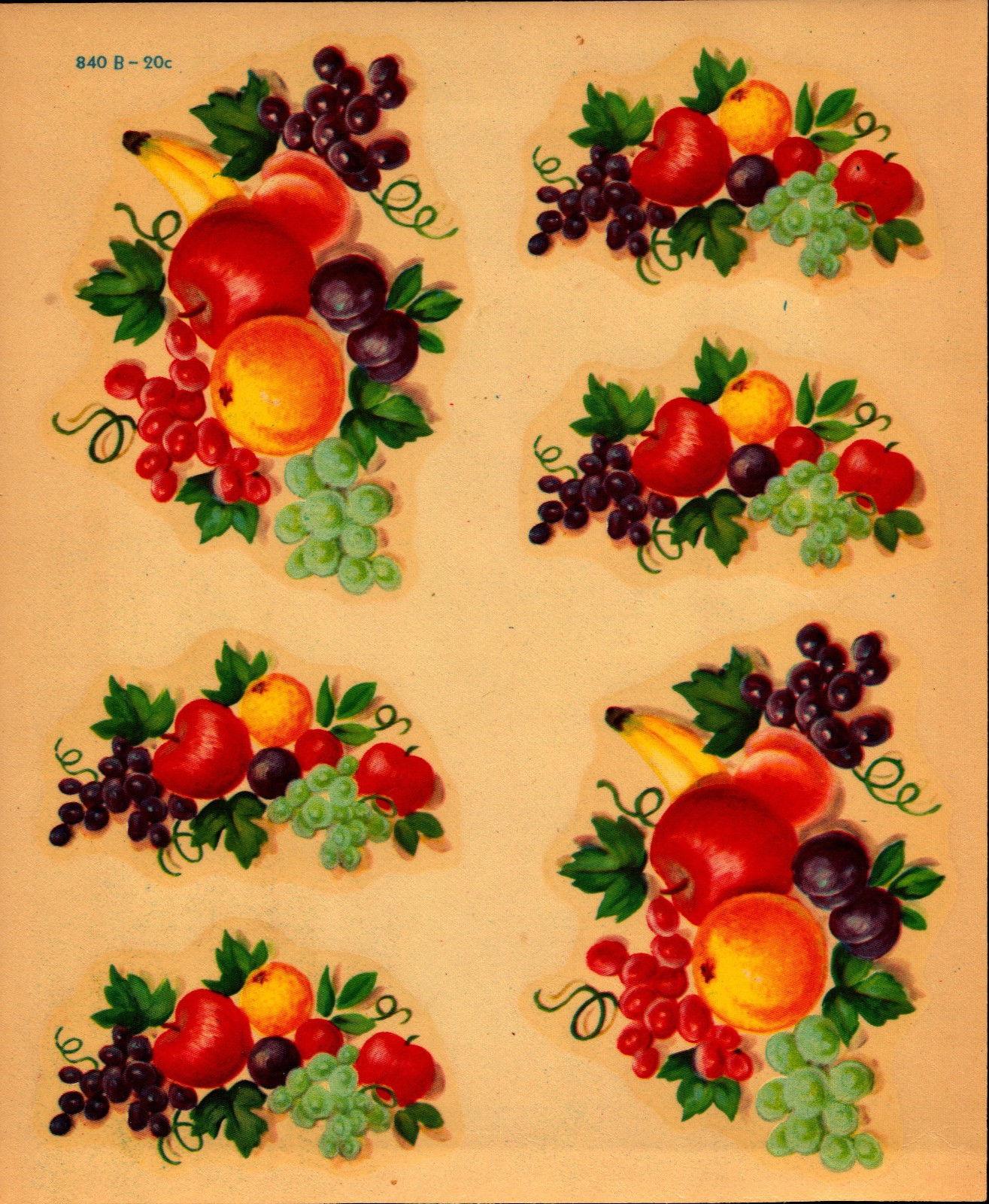 TWO Vintage MEYERCORD Decals #840B Fruit Apples Bananas Grapes Kitchen