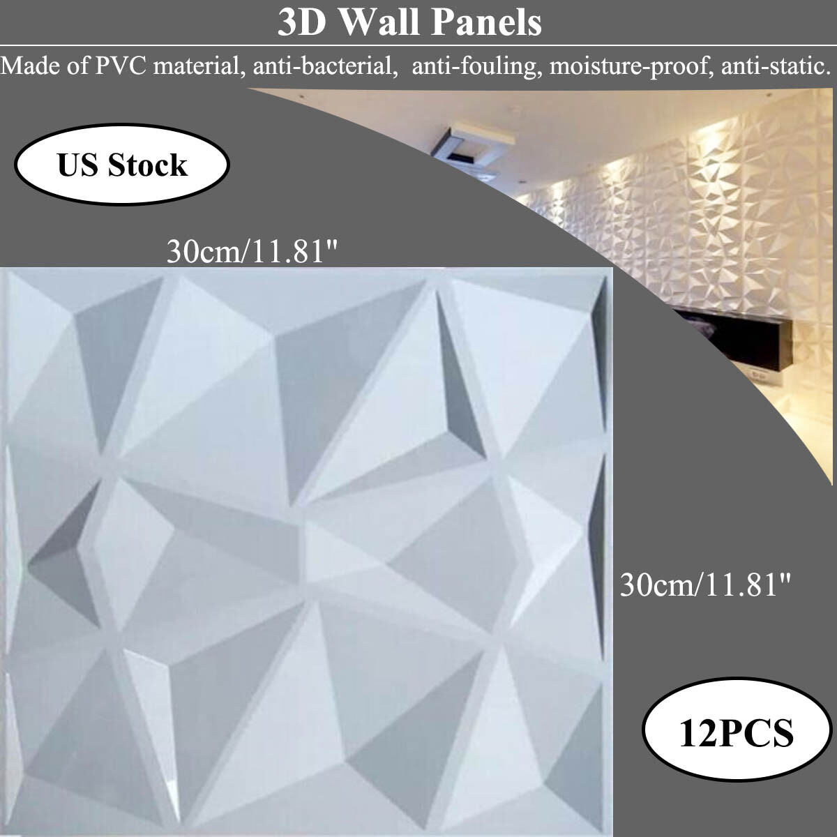 12PCS Art 3D Decorative White Wall 30×30cm Panels Luxury Diamond Design Ceiling