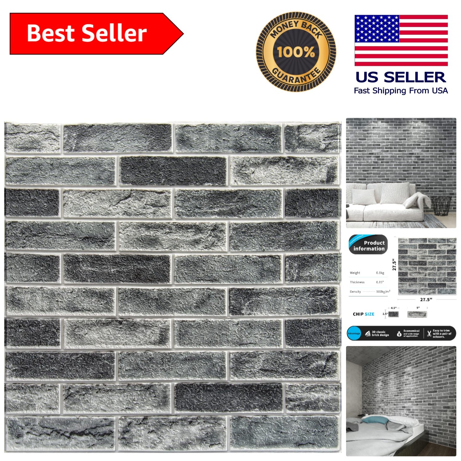 Waterproof Acoustic 3D Faux Brick Panels – 10 Pack Stone Ash for Stylish Decor