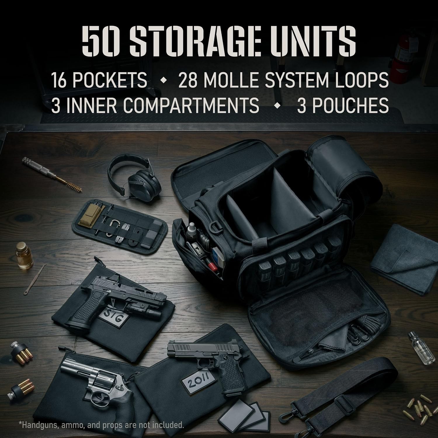 Gun Range Bag with 3 Pistol Cases, Removable MOLLE Organizer, Total 50 Storage U