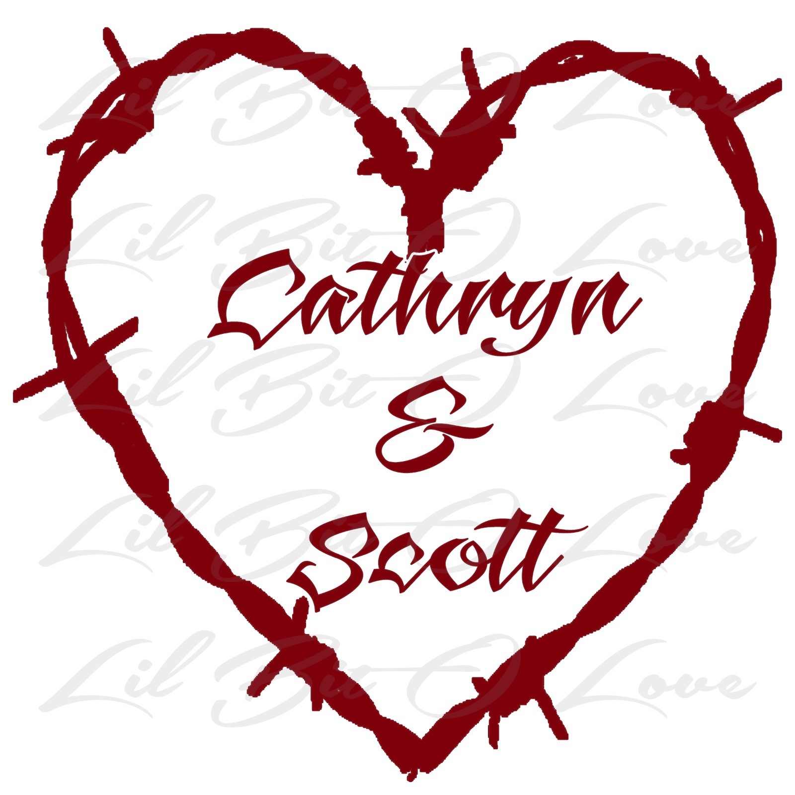 Custom Barbed Wire Heart Personalized with Couple's Names Vinyl Decal