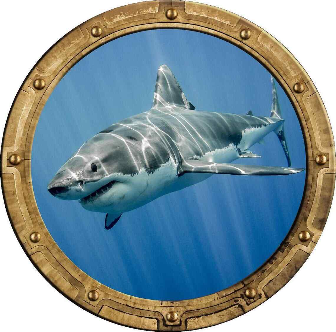 PortScape Shark #4 Ocean Sea Porthole 3D Window Wall Decal Vinyl Wall Sticker