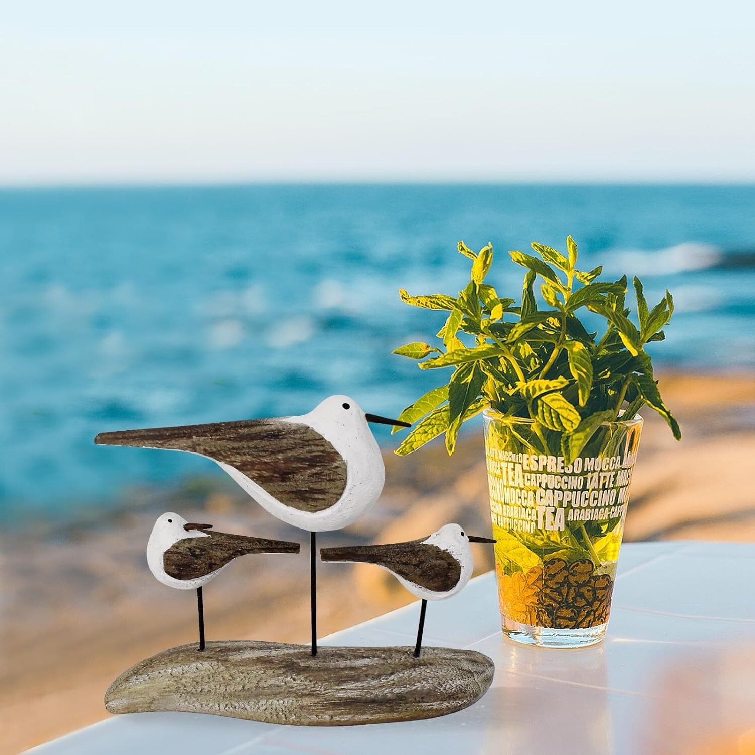 Wooden Sea Bird Statue Seagull On Stand Decor Nautical Coastal Birds Sculpture