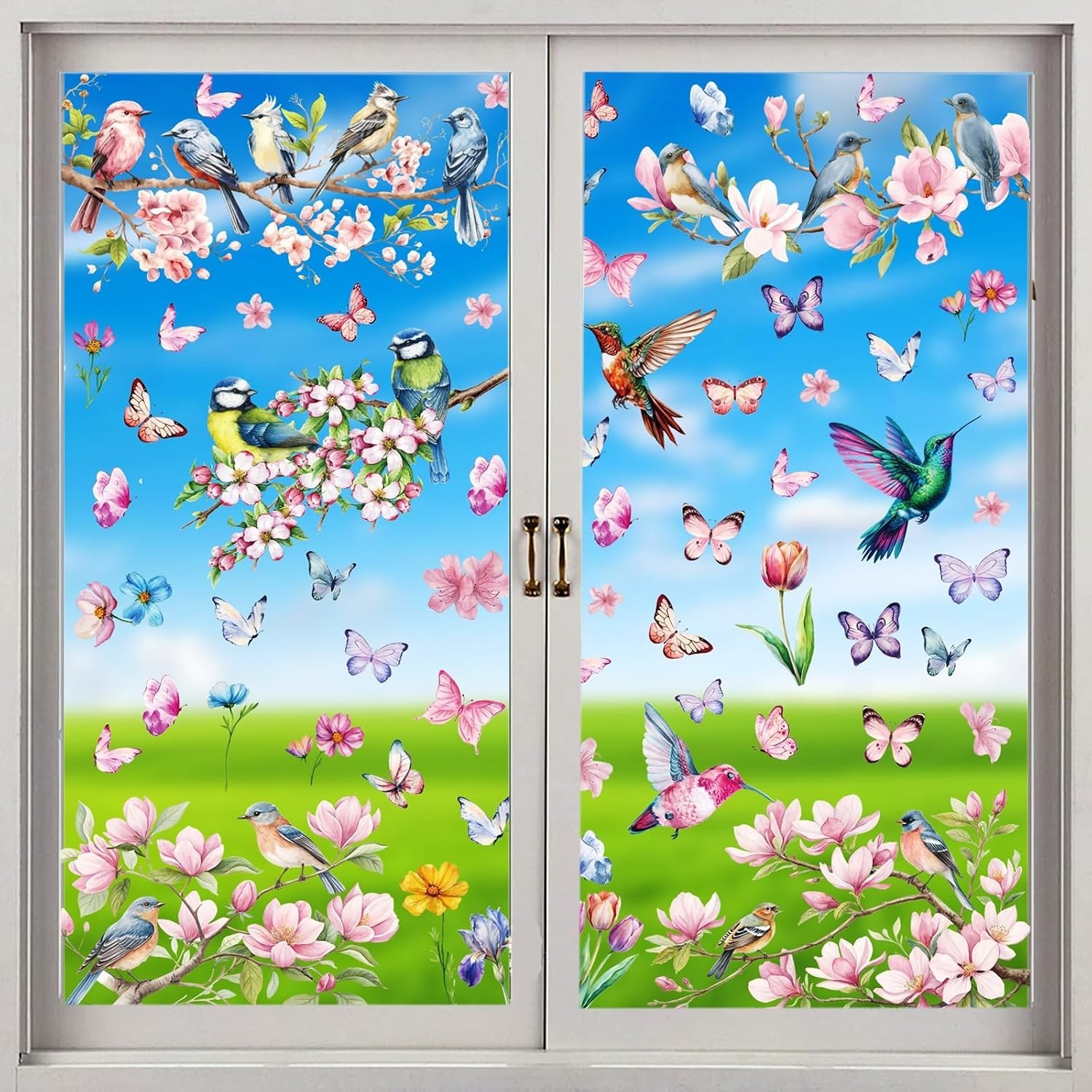 Spring Window Cling Sticker – 78PCS Tulip Butterfly Flower Hummingbirds Windo…
