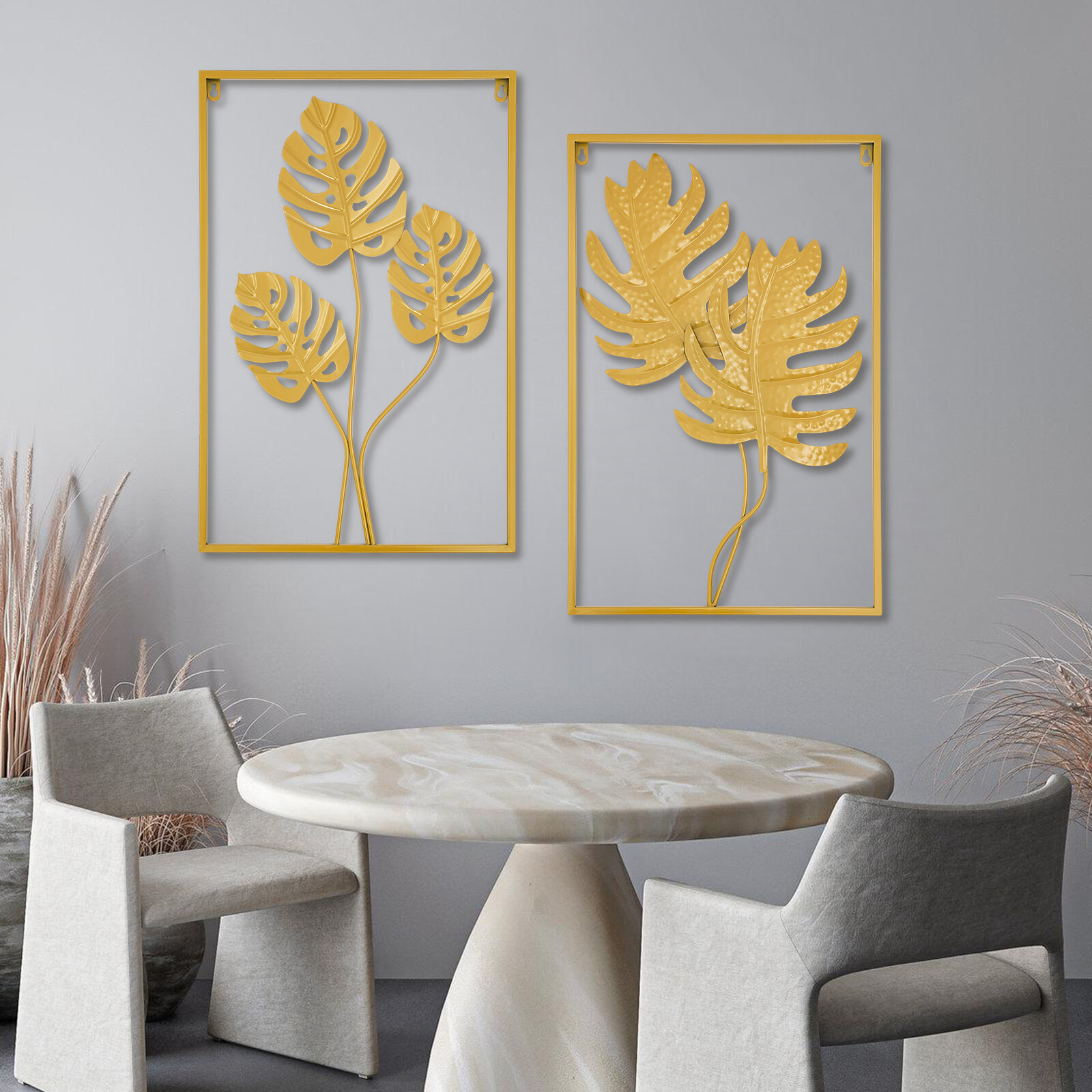 2PCS Wall Decorations Gold Iron Leaf Wall Hanging Home Decor with Frame Golden