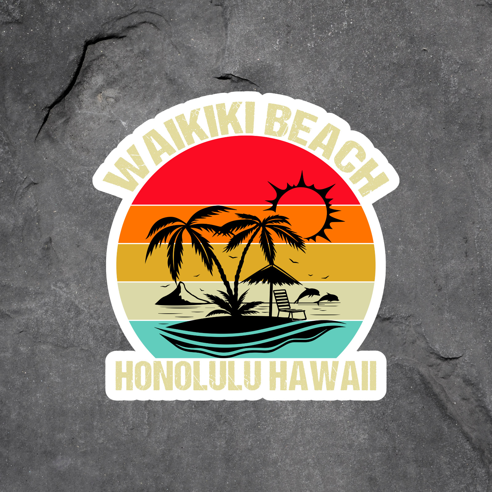 Hawaii Sticker Vinyl Decal Waikiki Beach Honolulu Sunset Palm Island Art
