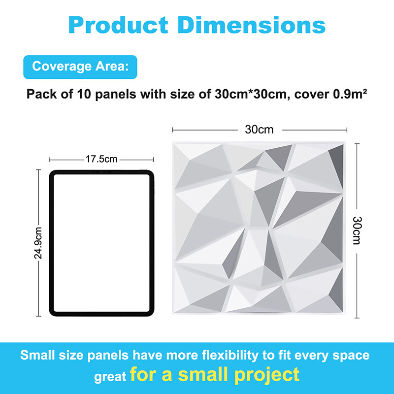 3D Wall Panels Diamond Textured PVC for Interior Decor Black 30x30cm 10 Pack