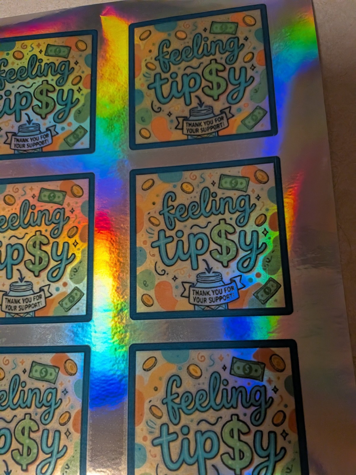 Holographic Feeling Tipsy Sticker Sheet | Tip Jar Stickers Bartender Server Six