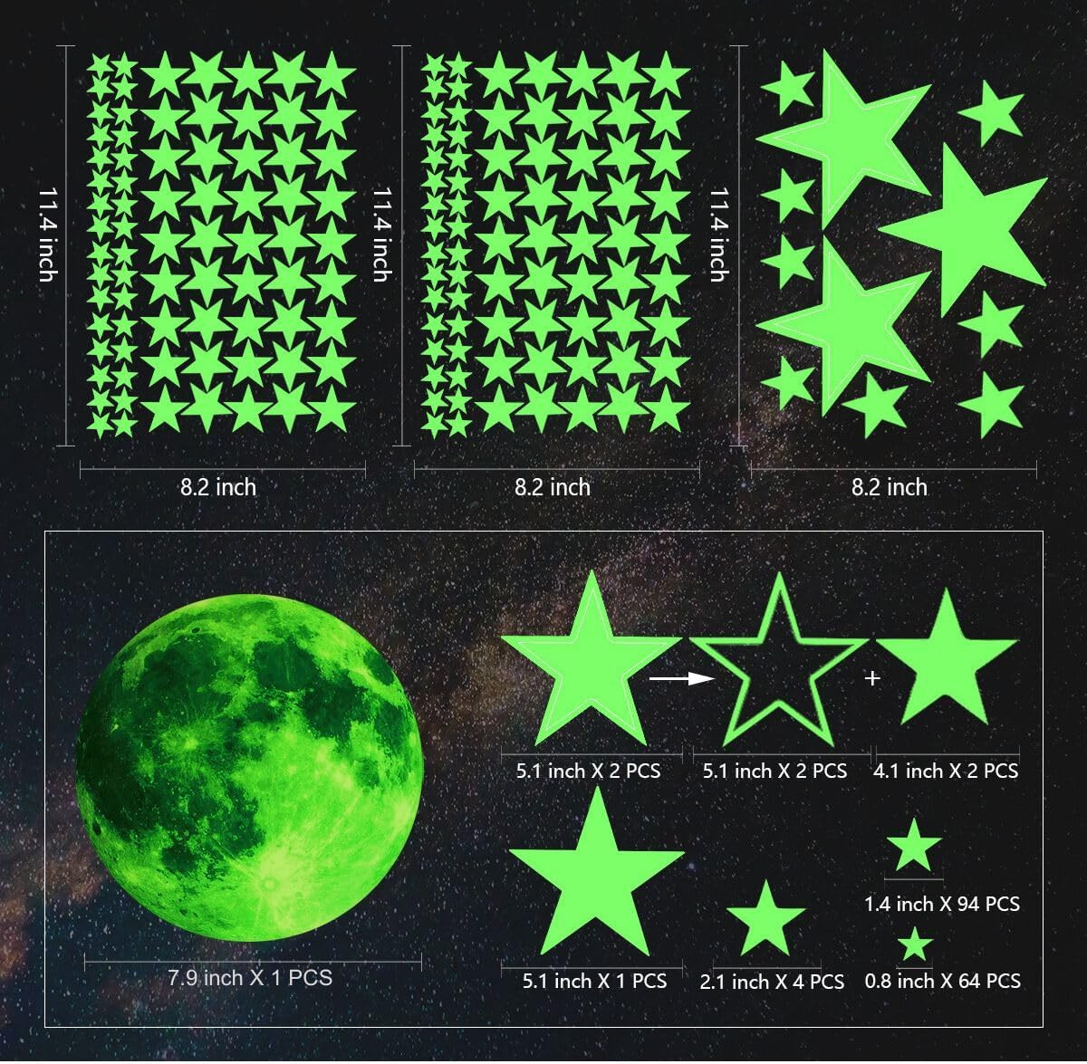 Glow Stars and Full Moon Wall Stickers for Starry Sky,Glowing Star Beautiful …