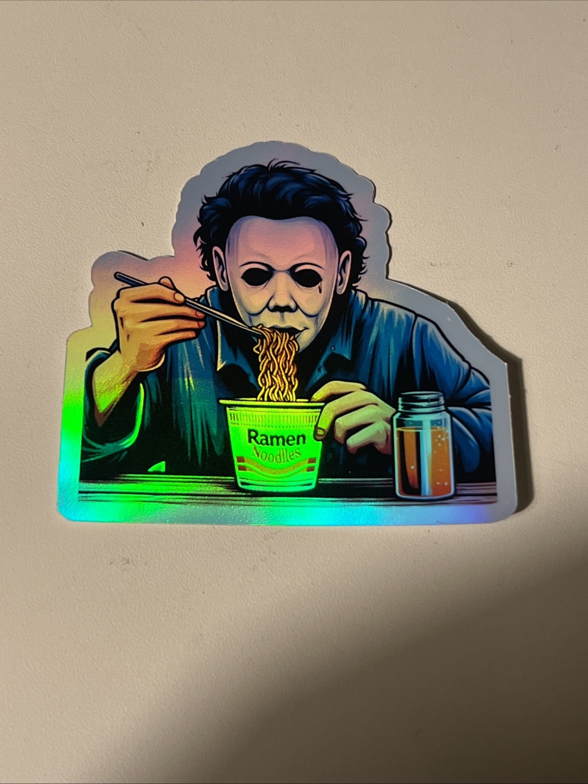 Michael Myers Eating Ramen noodle 3 Inch Holographic Sticker