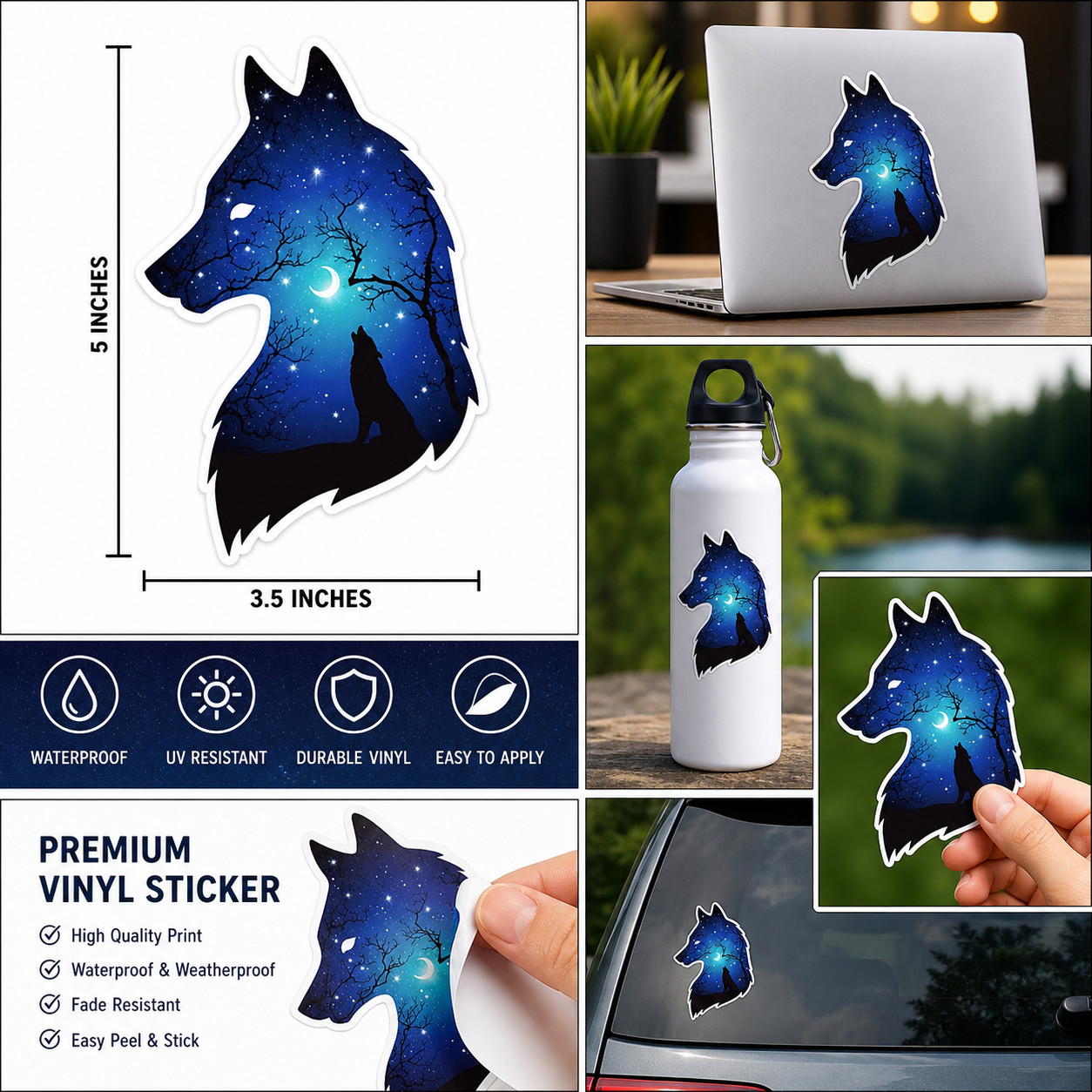 Galaxy Wolf Howling Sticker Vinyl Decal Night Sky Aesthetic Laptop Car Waterproo