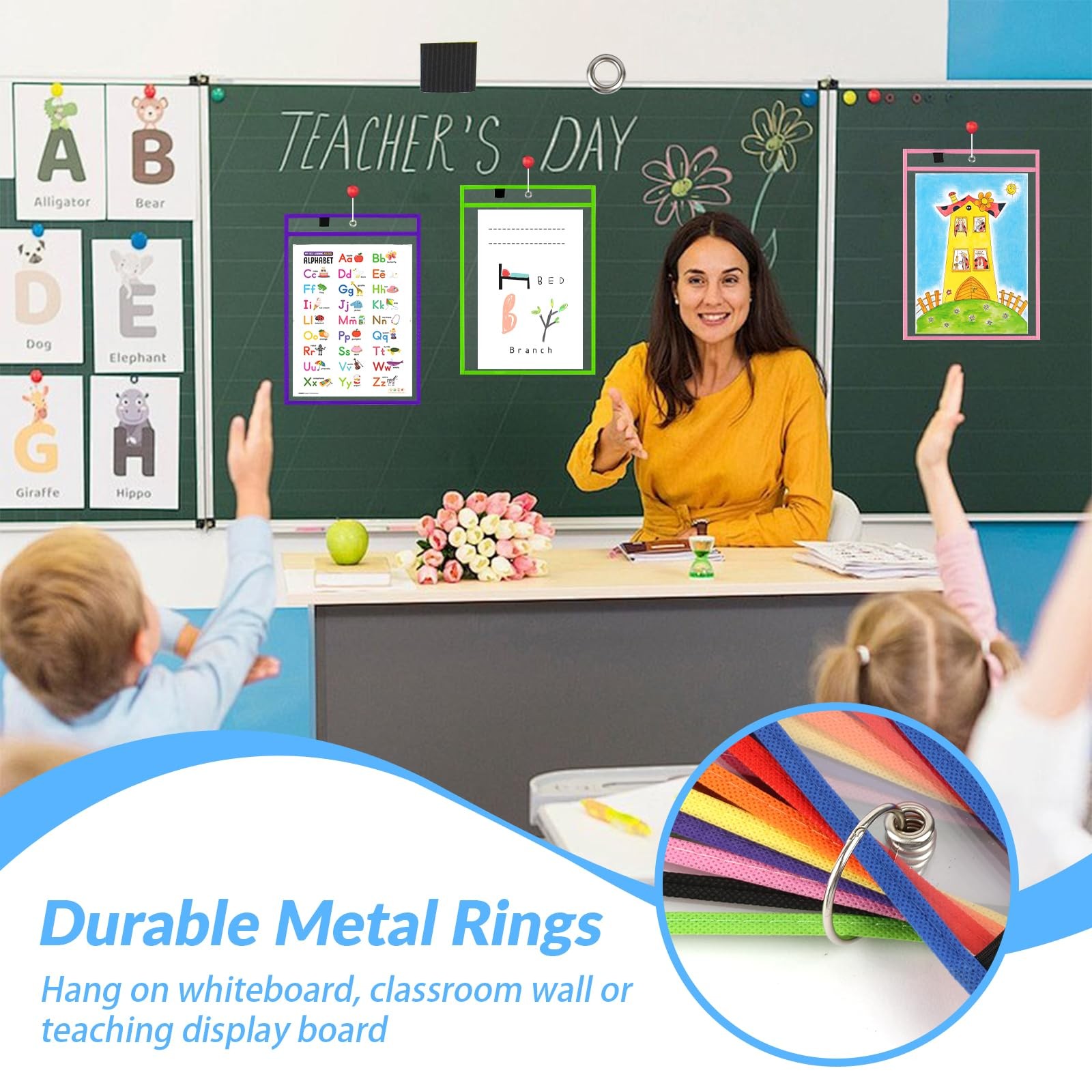 Dry Erase Pocket Sleeves mixed Colors School Classroom Organizer 8 Pcs