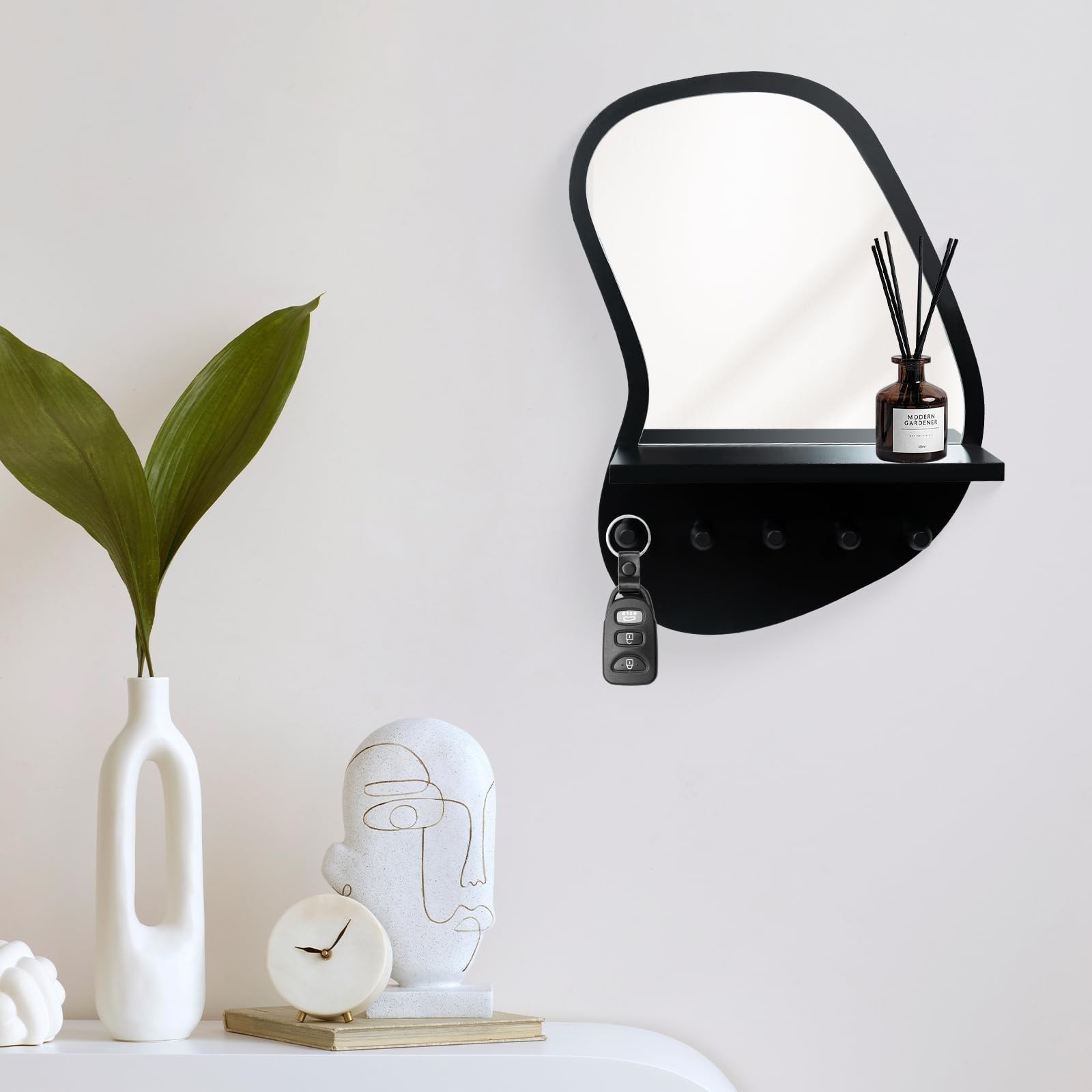 SANY DAYO HOME Wall Mount Wood Frame Irregular Mirror with 5 Wooden Hooks and…