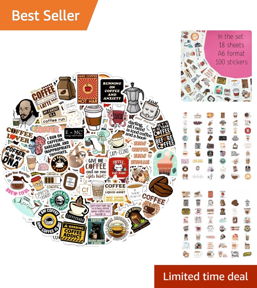 Universal 100Pcs Vinyl Coffee Stickers – Fun Decals for Planners, Laptops & More