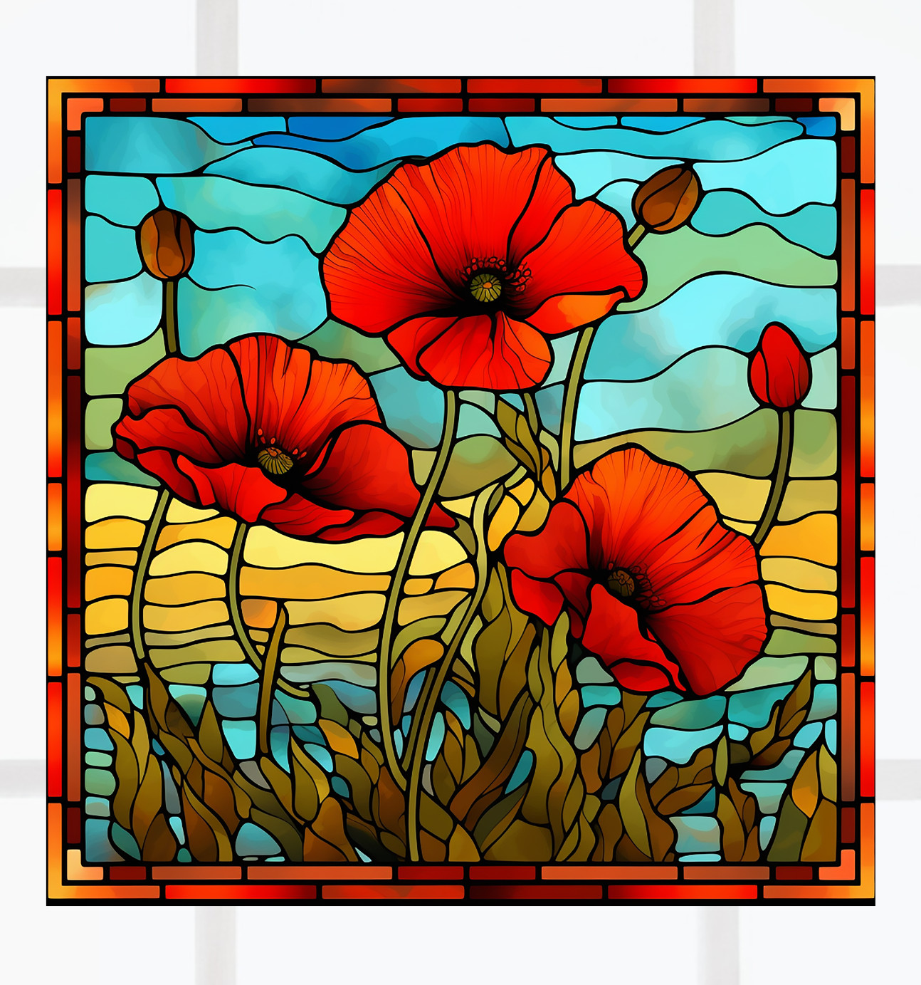 Poppy Faux Stained-Glass WINDOW CLING Size 10.6" Arch Shape ~ Vinyl