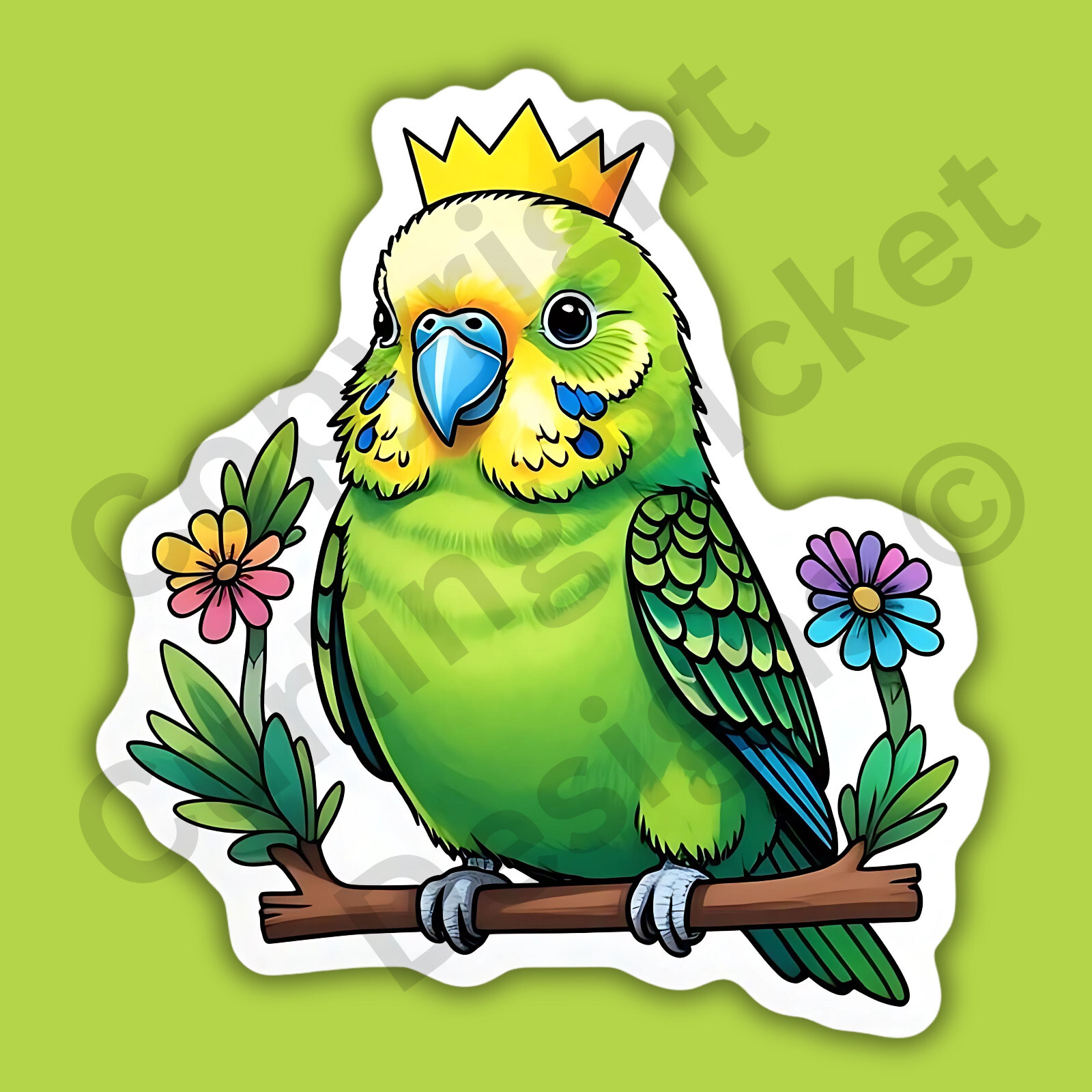 Parakeet Wearing A Crown Bird Budgie Parrot Cute Funny 3" Vinyl Sticker