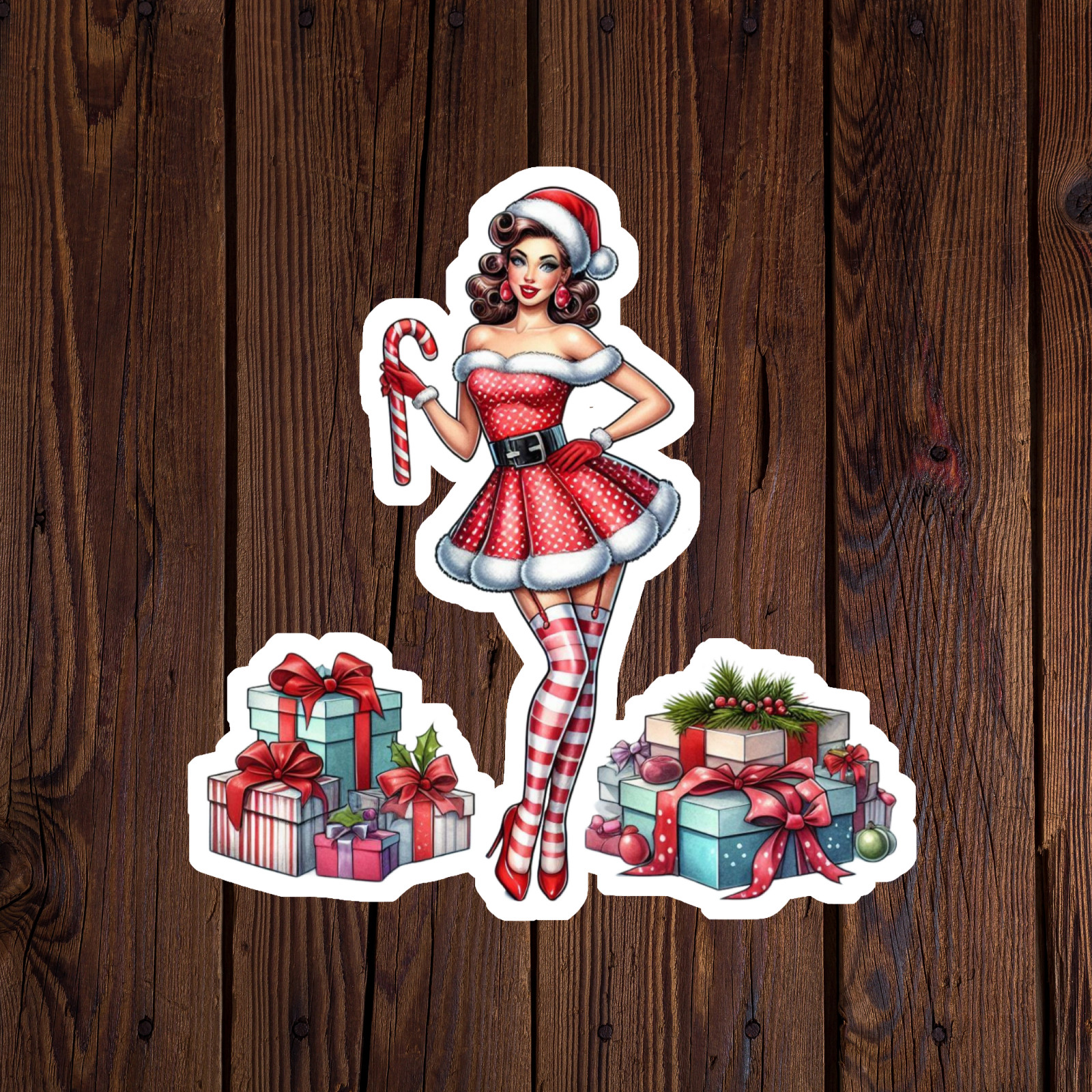 Pinup girl sticker vinyl decal sexy christmas dress high heels red lips