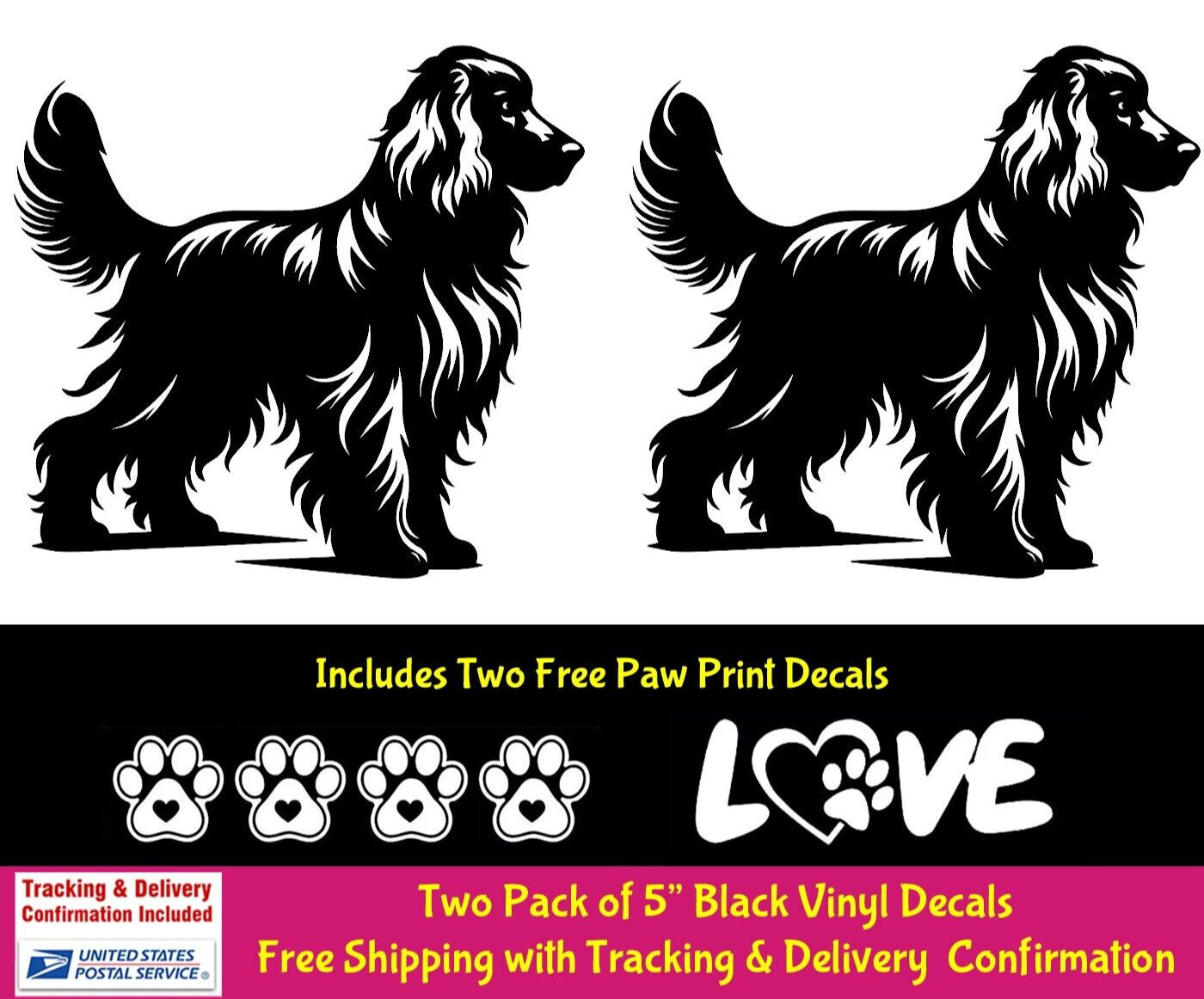 Spaniel Long Har Hair Dog Graphic Two PK 5" Black Vinyl Decal Car Laptop Tablet