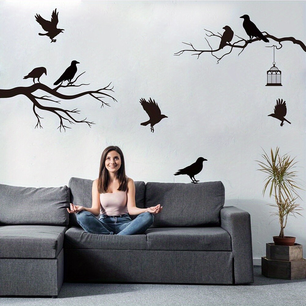 1pc Raven Tree Wall Decal Bird Standing on the Treetop Wall Stickers Birdcage