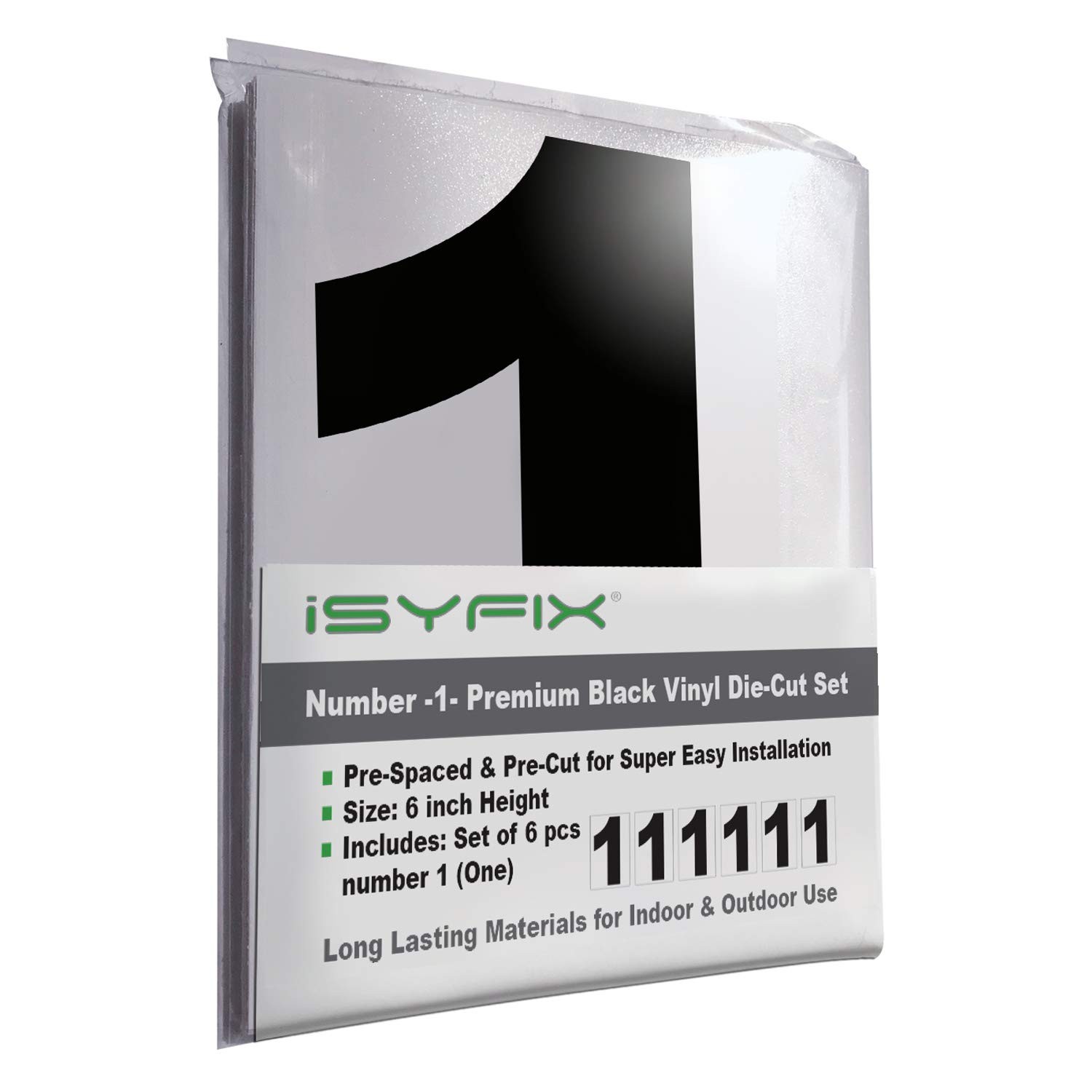 iSYFIX Black Vinyl Number 1 (One) Stickers – 6 Pack 6 inch 6 inch, 1