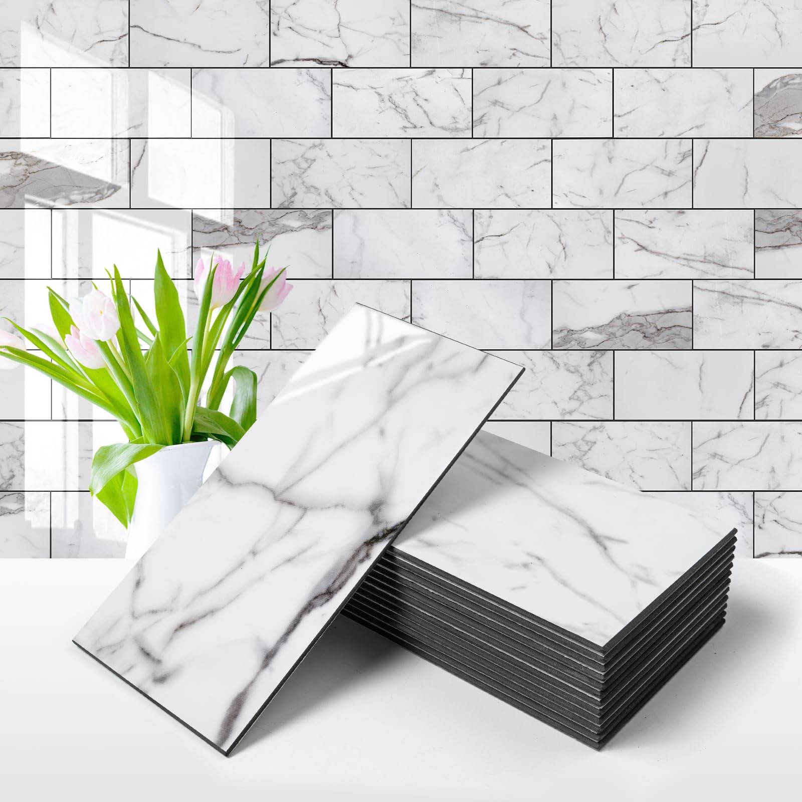 100Piece Glossy Statury White Peel and Stick Backsplash Tile,3"x6" PVC Subw…