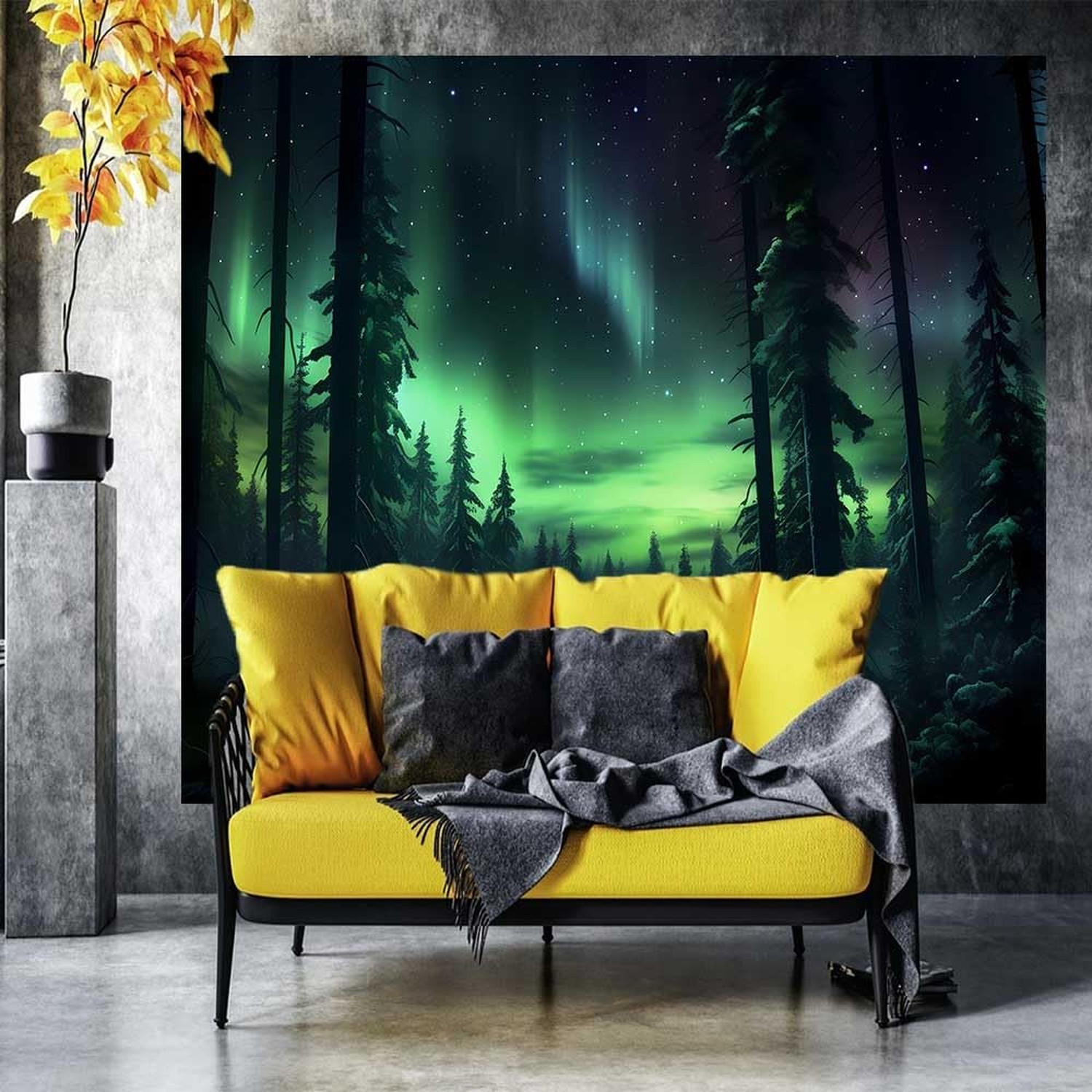 Northern Lights Forest Tapestry100x90 Inches Aurora Borealis Misty Pine Trees…