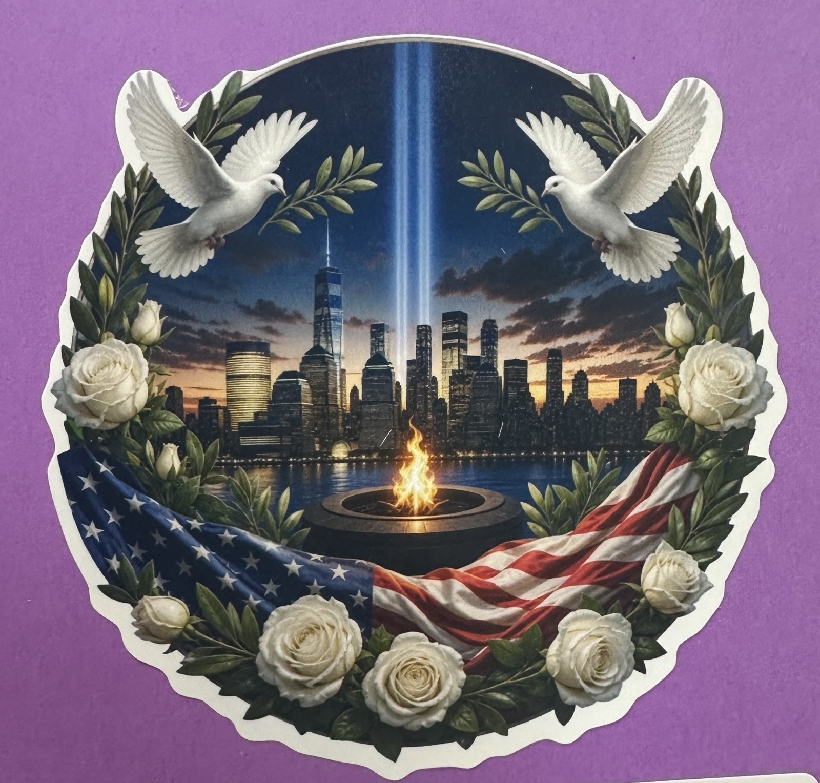 3 inch 9/11 Tribute in Light Memorial Sticker American Flag Never Forget