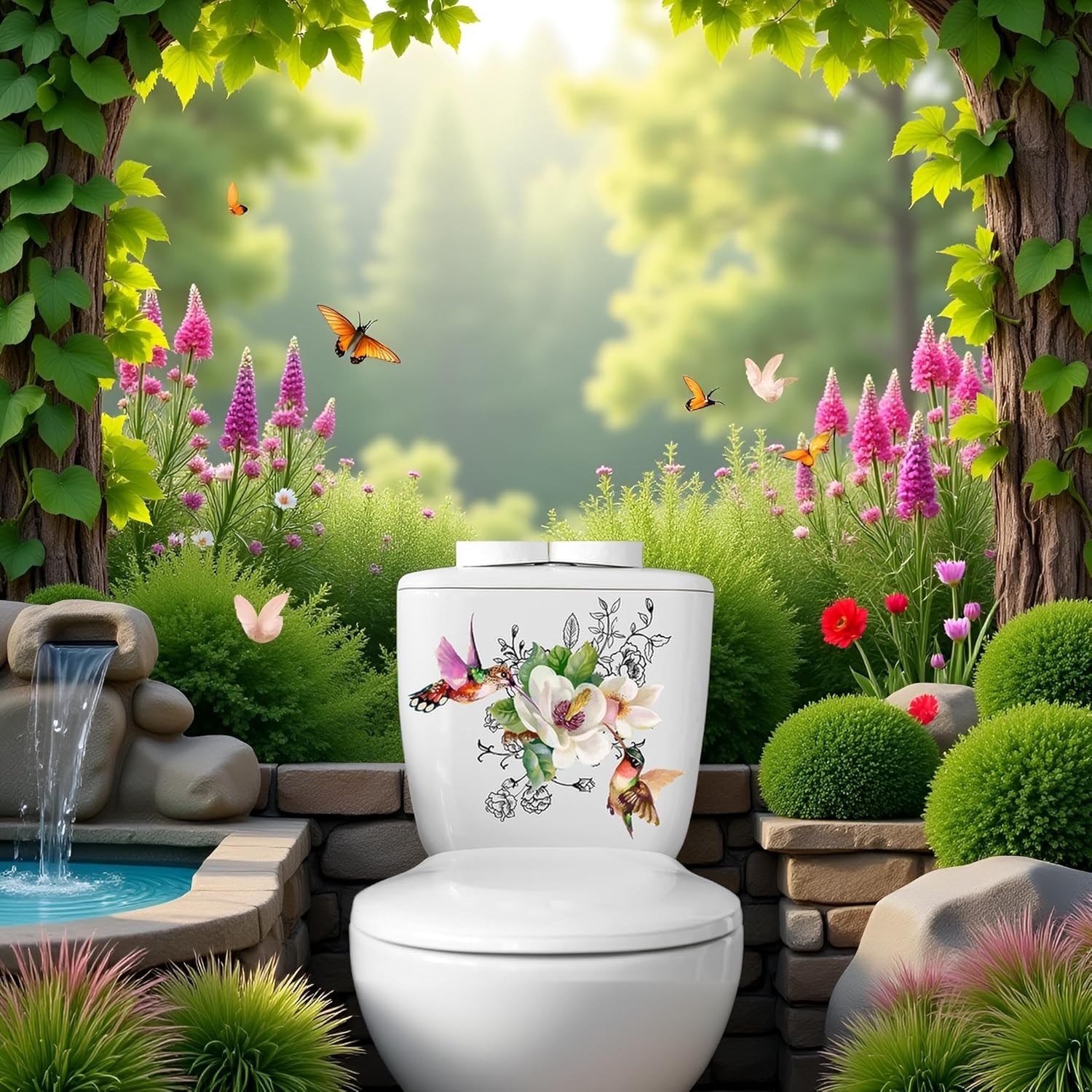 Toilet Seat Lid Stickers Self-Adhesive Bathroom  Waterproof Decor Birds Flower
