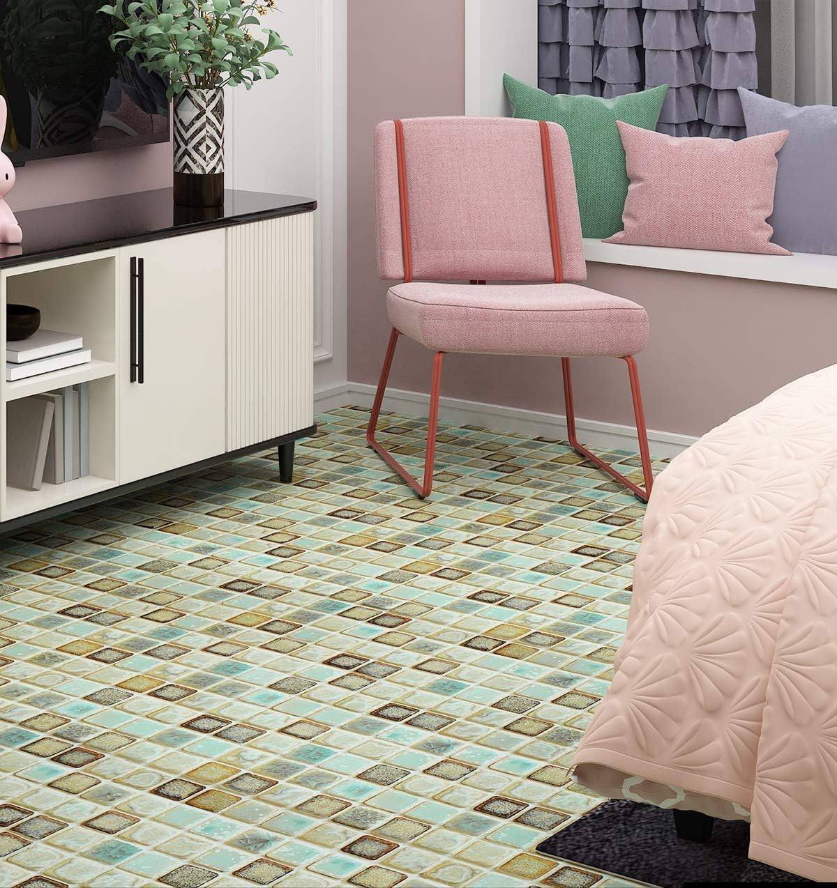 Livelynine Vinyl Bathroom Wallpaper Peel and 15.8 x 78.8, Green Mosaic Tiles