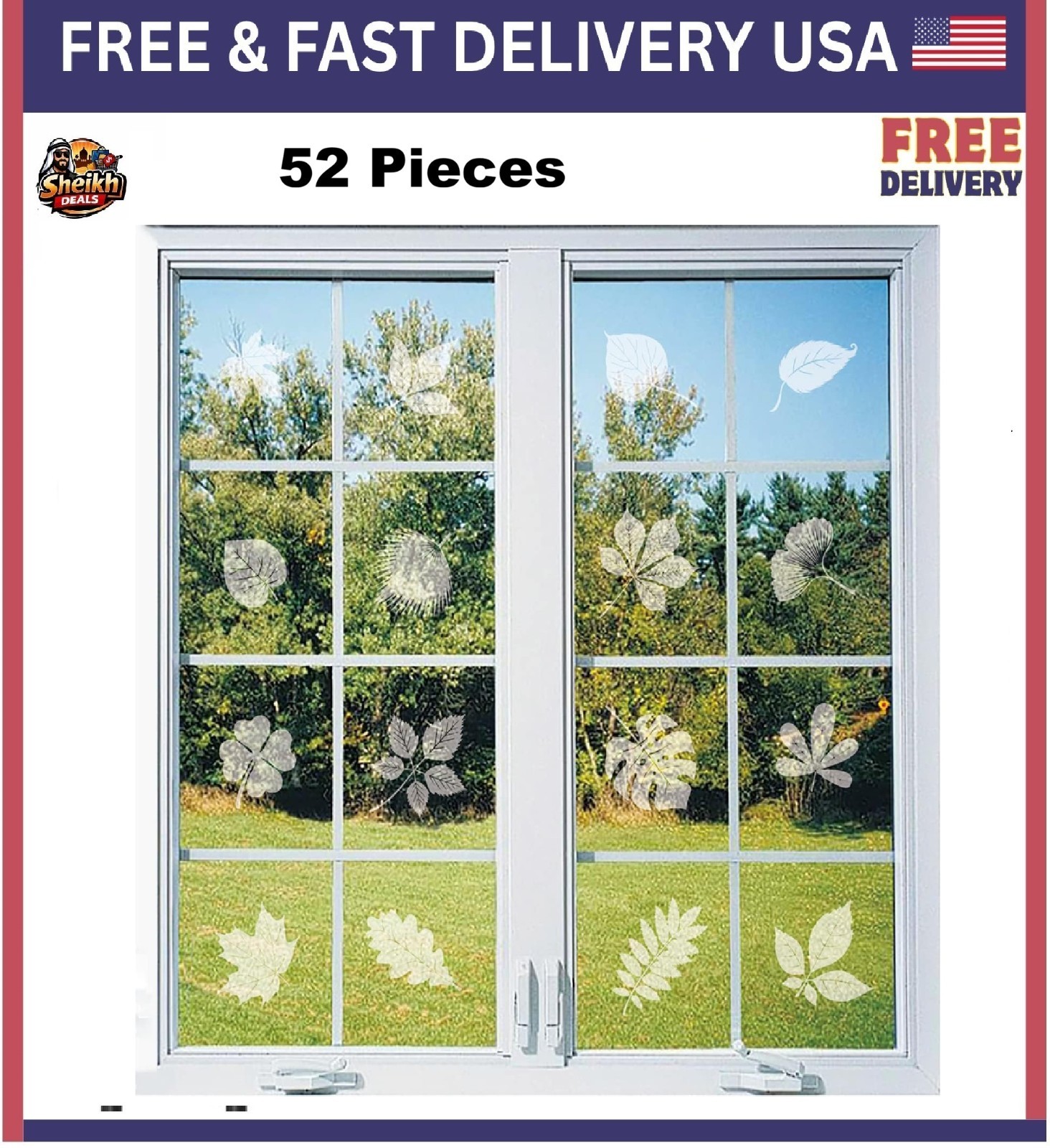 Window Decals for Bird Strikes,52 Pieces Large Leaf Shape anti Collision Window