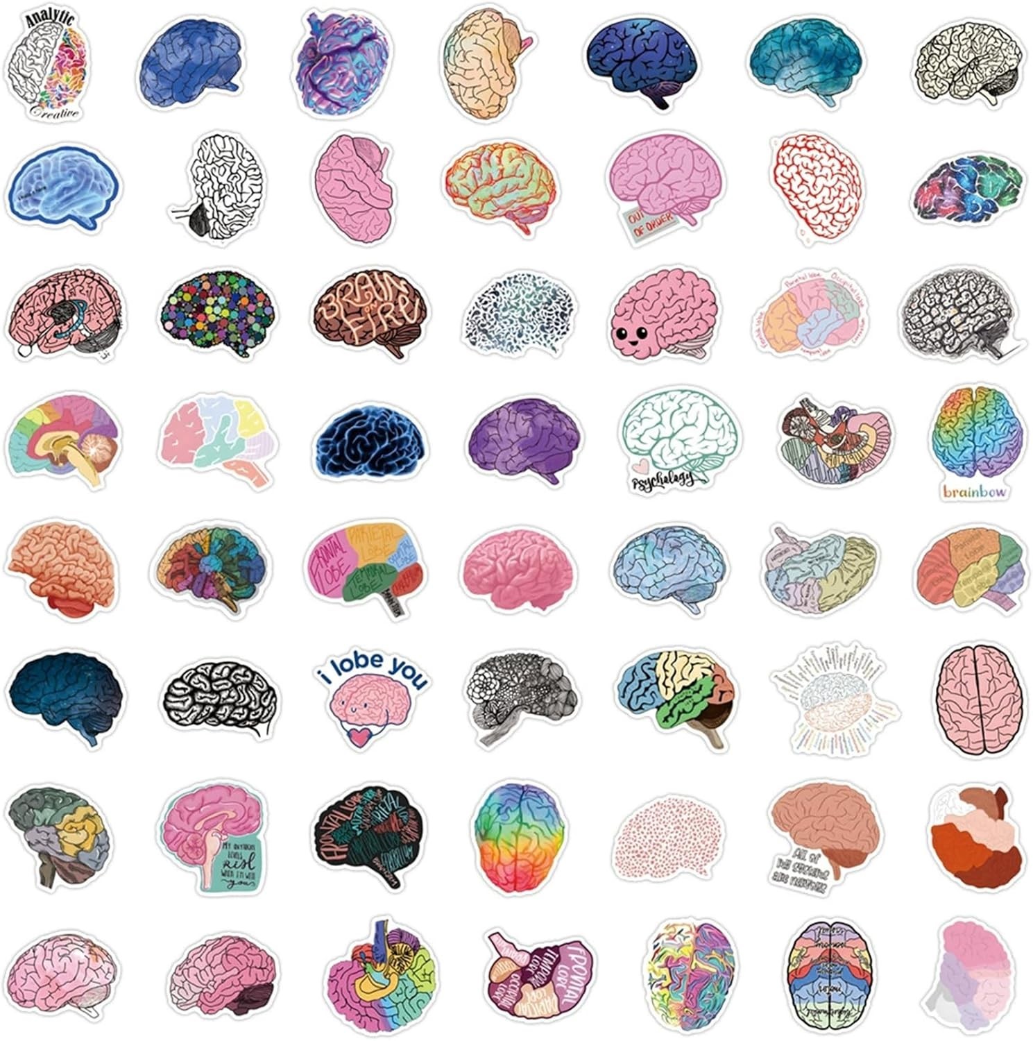 50PCS Brain Stickers Bulk, Cartoon Vinyl Waterproof Decals
