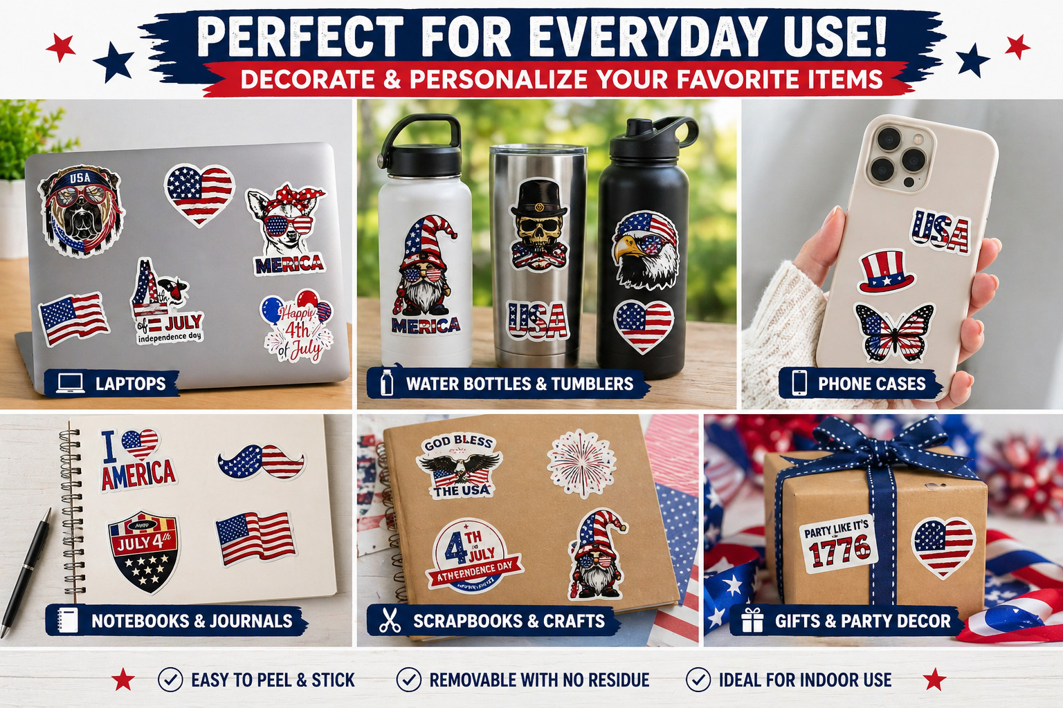 4th of July Stickers Set Patriotic USA Decals Laptop Scrapbook 2" Bulk