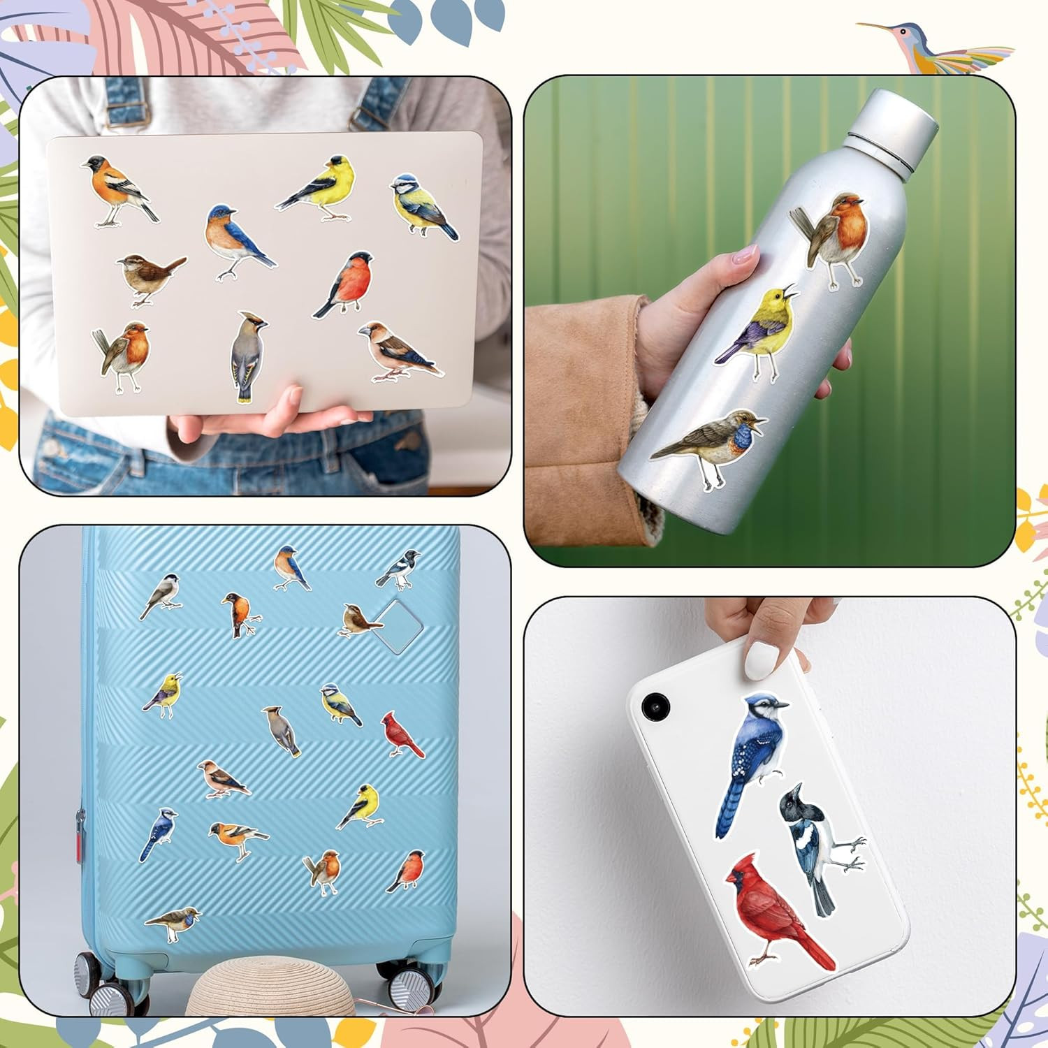 Watercolor Bird Sticker Rolls – 1000 Pcs Waterproof Vinyl Animal Stickers
