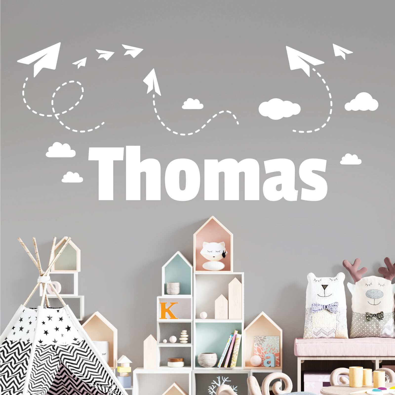Personalised Name Children Wall Art Sticker – Sky, Paper Planes and Clouds