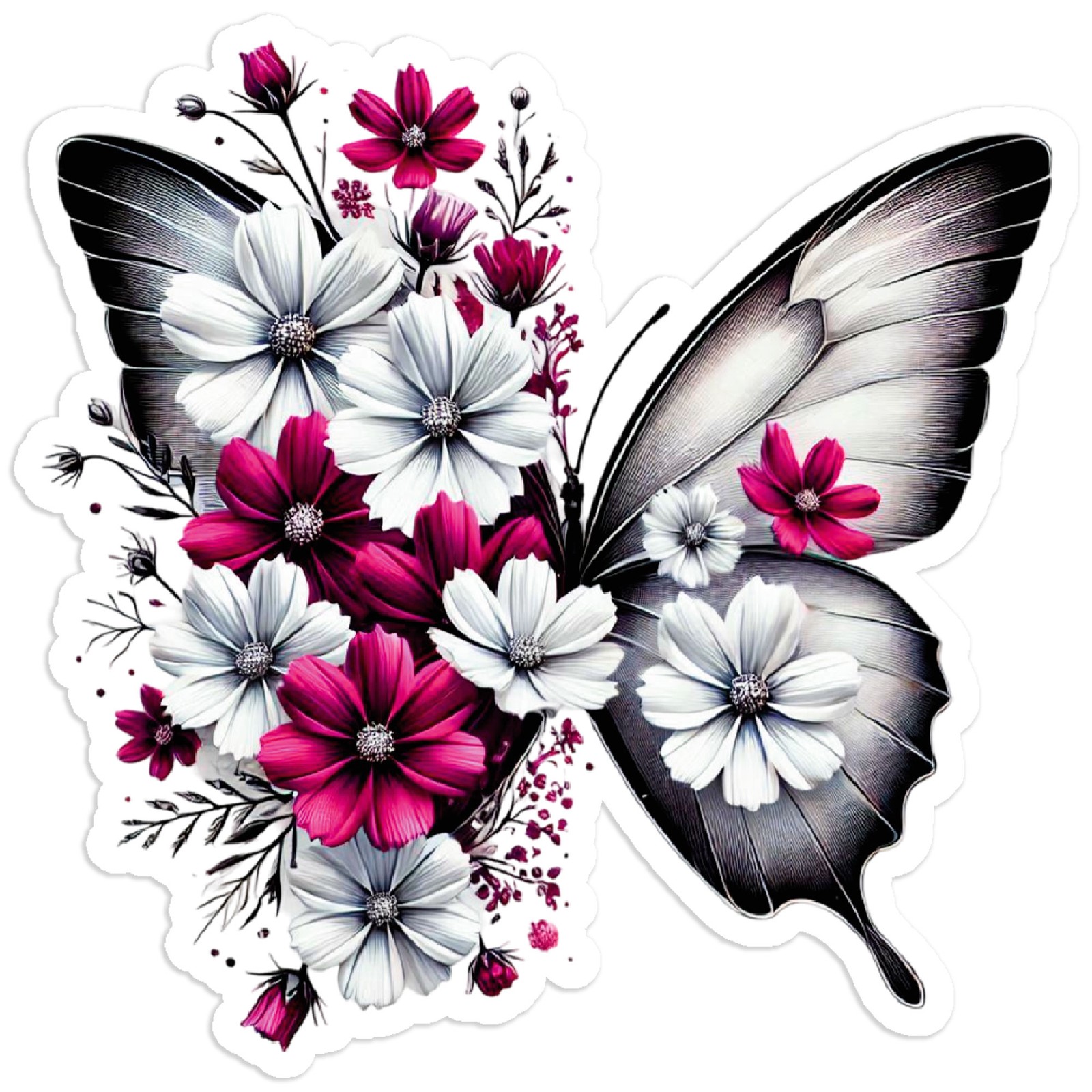 White & Pink Flower Butterfly – Vinyl Decal Sticker – Car Window Laptop – #215