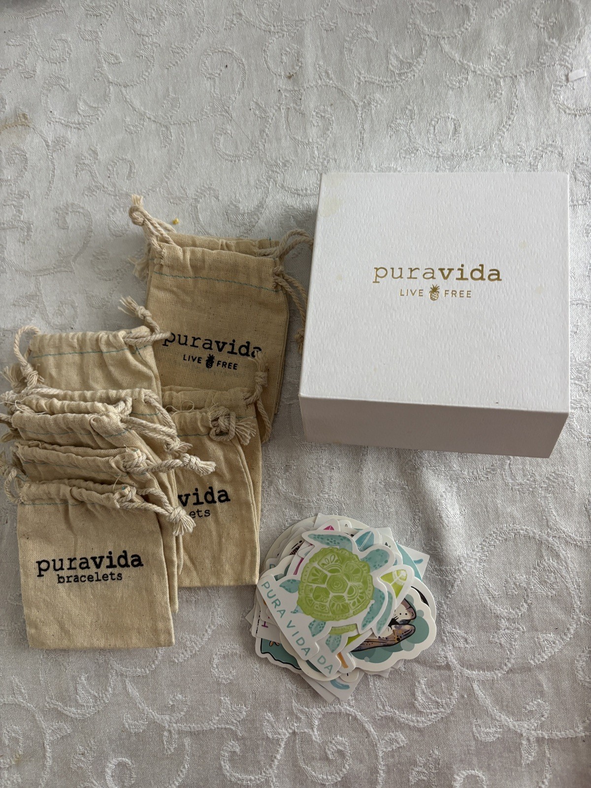 Pura Vida Sticker Lot Of 20 Logo Beach Island Themed and 9 bags and box