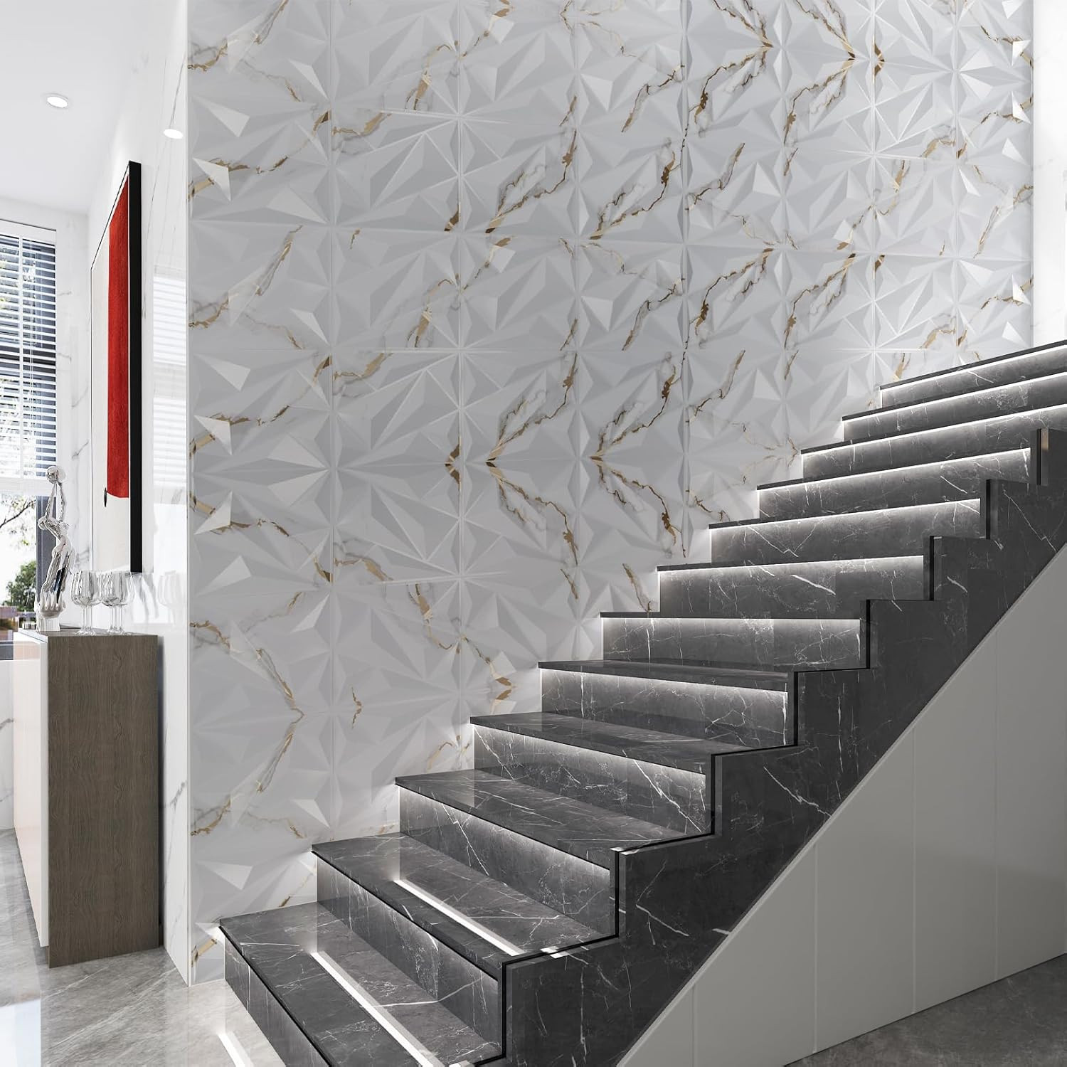 33 Pack 3D Diamond Wall Panels – Gold Veined White PVC Décor, 32 Sq.Ft.