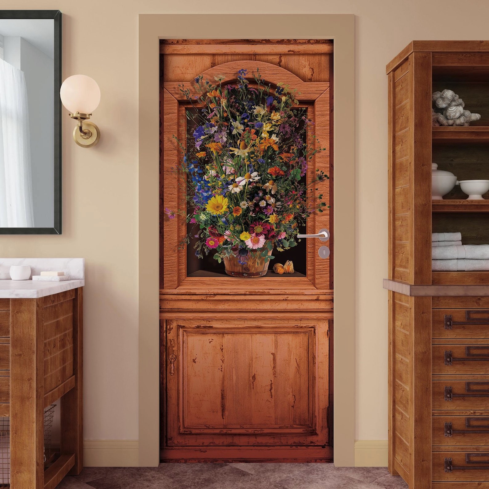 Floral Door, Botanical, Flowers, 1 Piece Laminated Sticker Mural, Self-adhesive