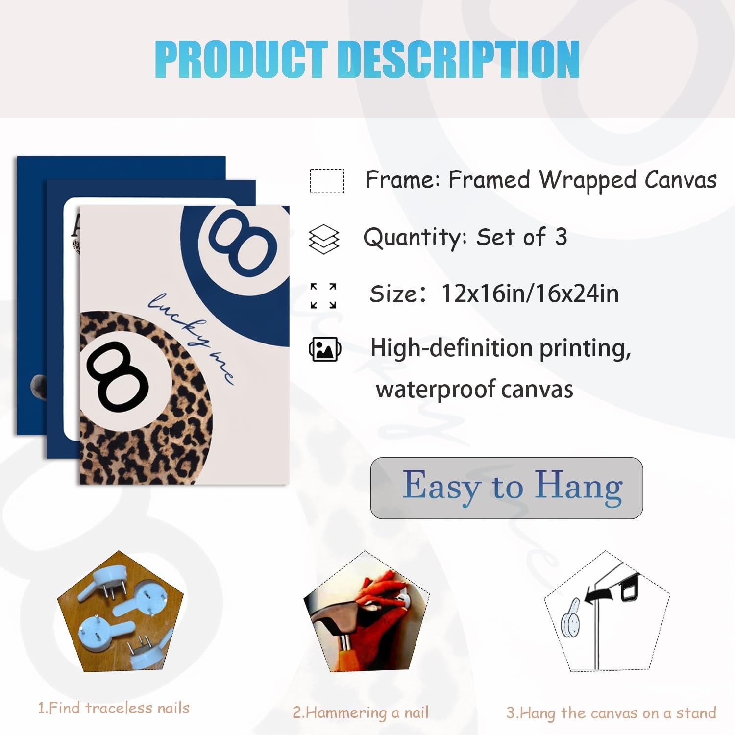 Navy Blue Leopard Canvas Wall Art Set of 3 Cheetah Animal Prints Posters Wall…