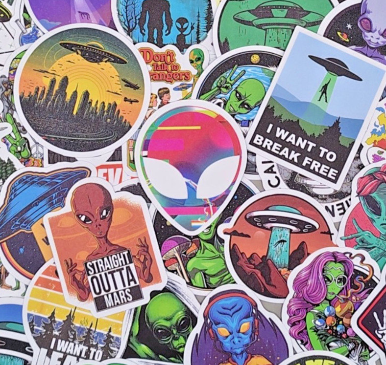 60 Pack Alien UFO Stickers Vinyl Decals Extraterrestrial Space Martian Retro Lot