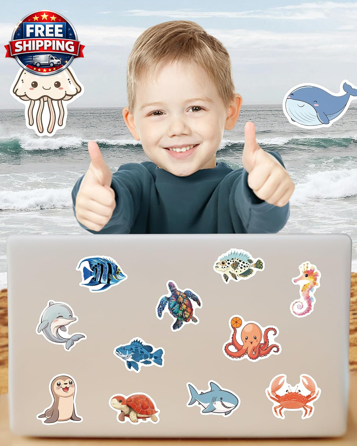 100 Pcs Ocean Stickers for Kids Teens Adults, under the Sea Animal Fish Turtle S