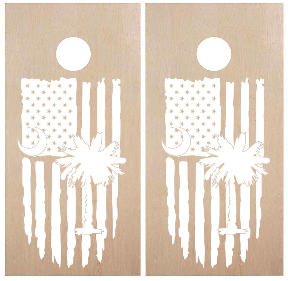 Palmetto Tree Crescent Moon with Distressed American Flag Cornhole Vinyl Decals