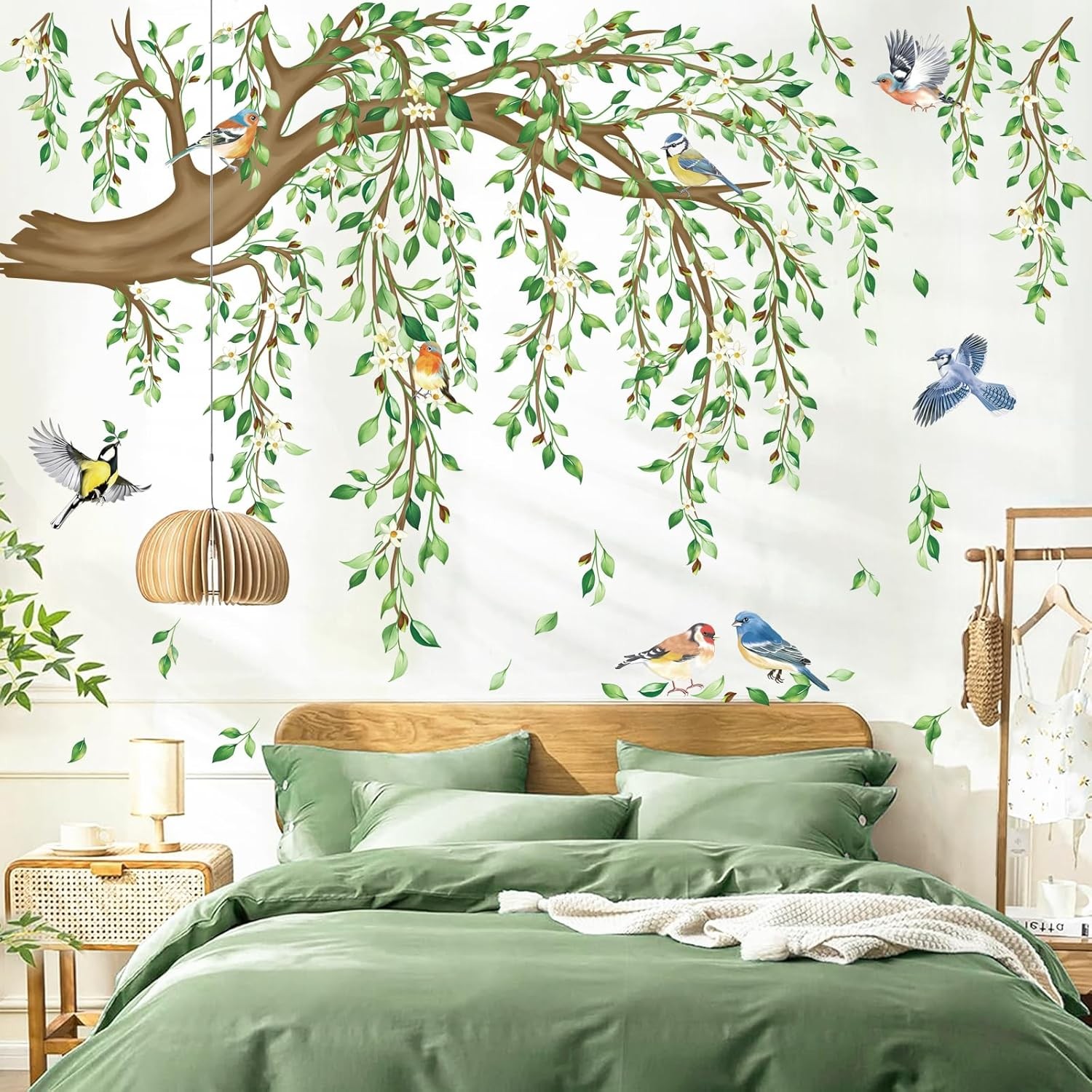Large Hanging Vine Wall Stickers Tree Branch Green Leaf Flower Birds Wall Decals