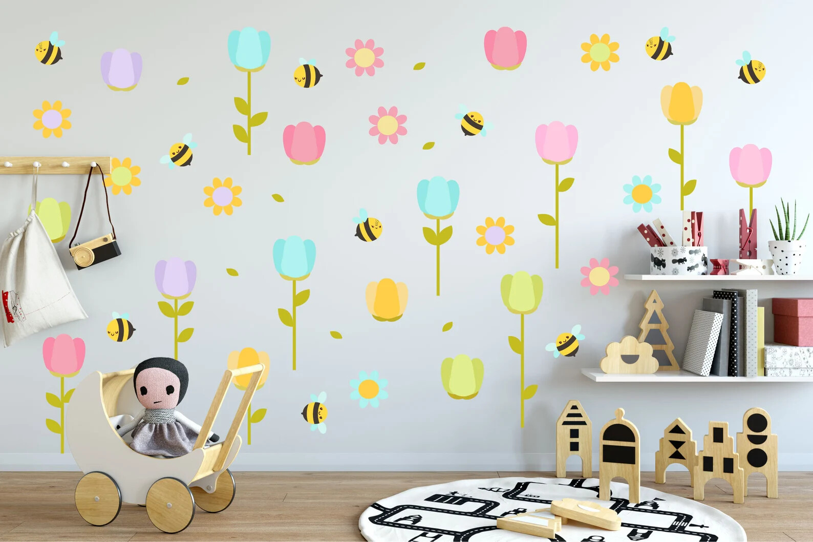 Flower wall decals Decor Cute Bee Tulip Floral Home decor Nursery Kawaii LF025