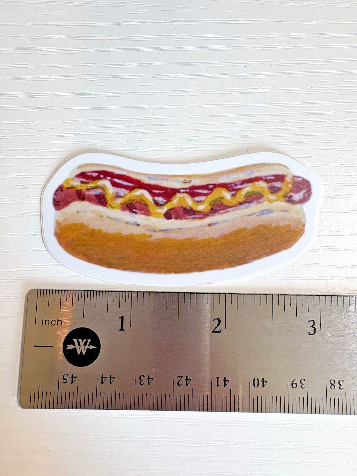 Original acrylic hot dog vinyl STICKER 3 in x 1.25 in by Peachykeetchstudios