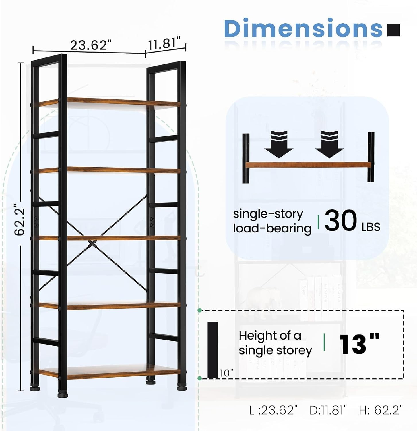 5 Tier Bookshelf – Rustic Brown Storage Organizer Display