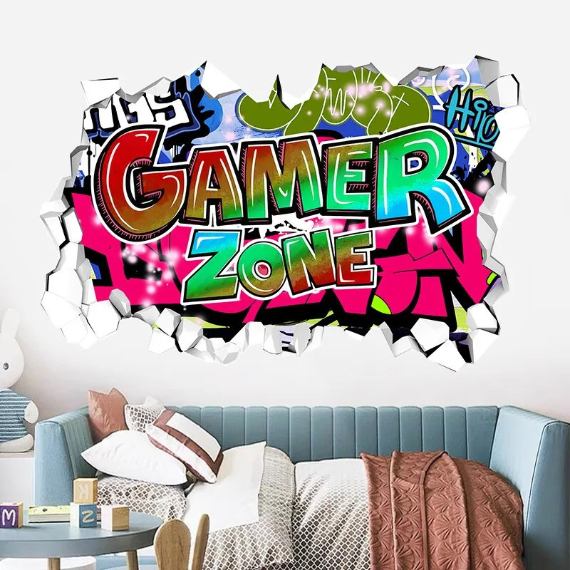 3D Broken Wall Gaming Controller Vinyl Sticker Kids Room Boy Bedroom Decor