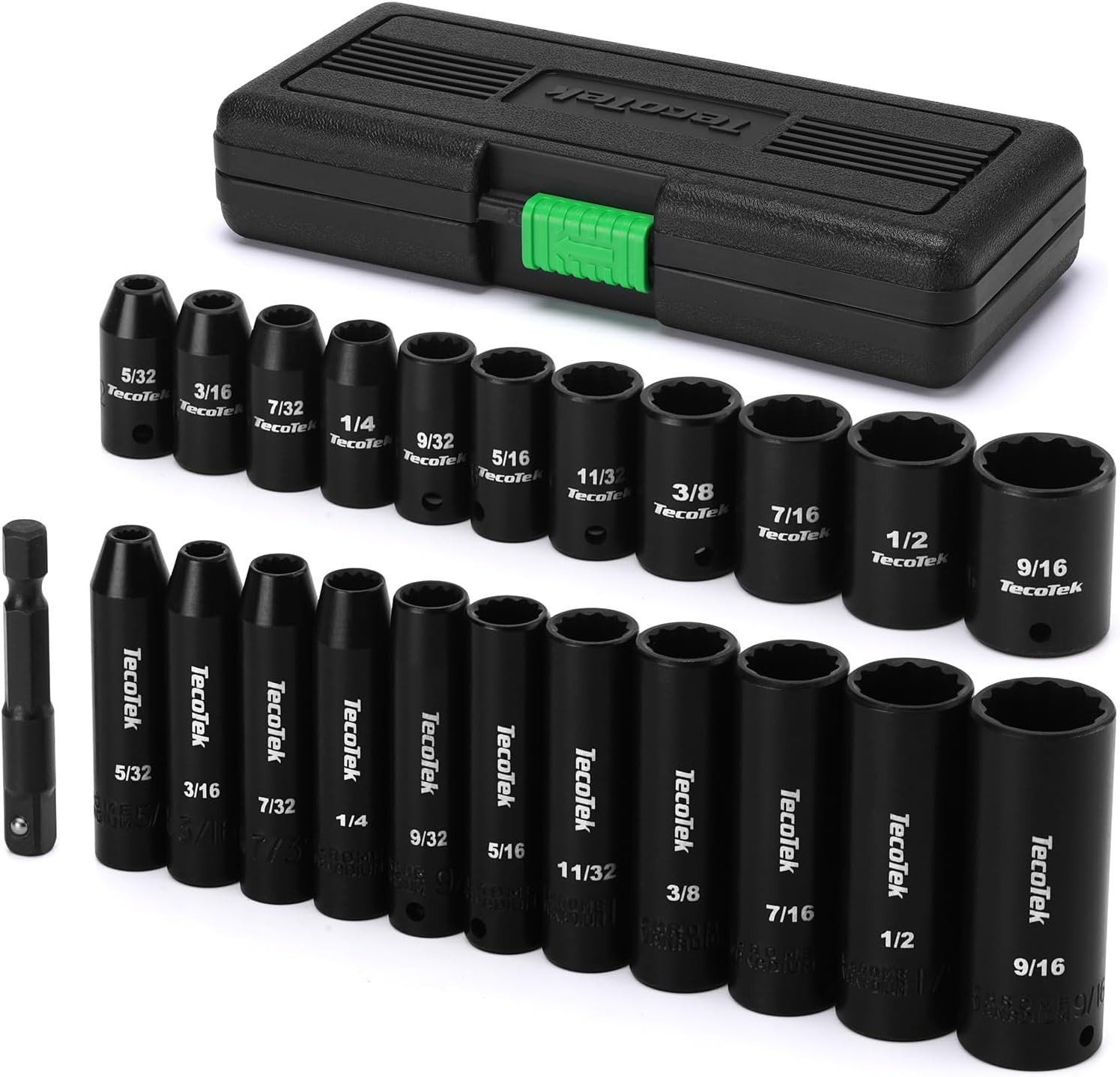 23-Piece 1/4" Drive Impact Socket Set, Shallow & Deep 12-Point, SAE, CR-V, Drill