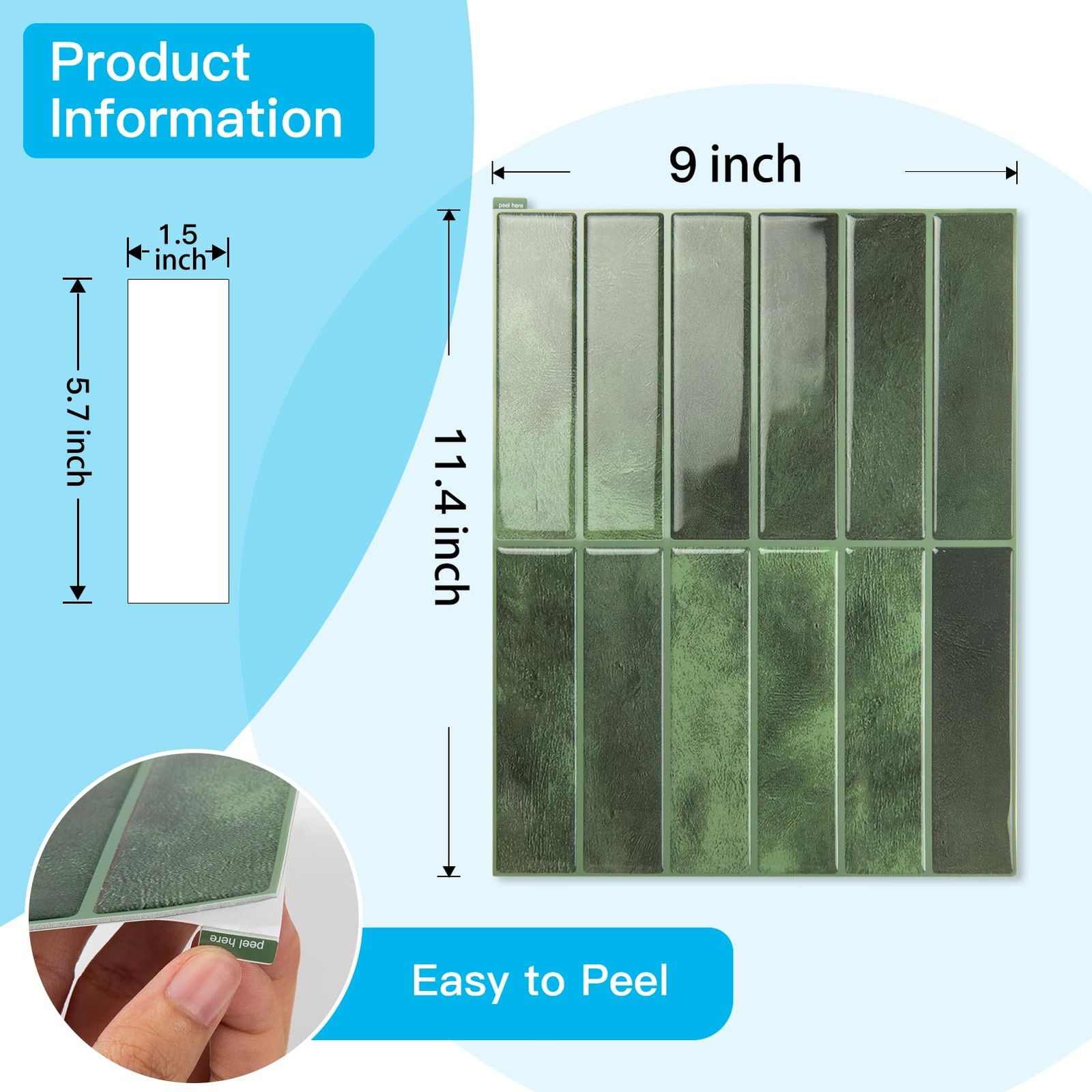 Art3d 11.4 x 9 Inch Heavy-Duty Peel and Stick Backsplash x 9 Inch, Green