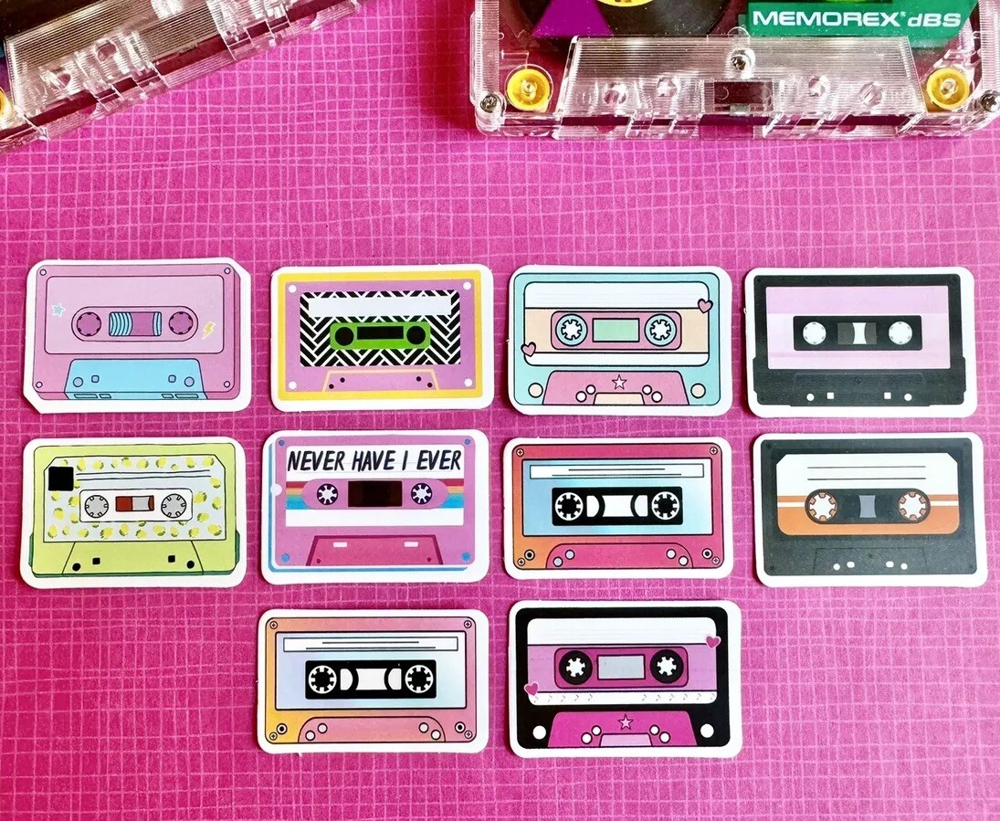 New 80s Style Mini Cassette Tape Waterproof Stickers Set of 10 – 1.75” x 1.25”